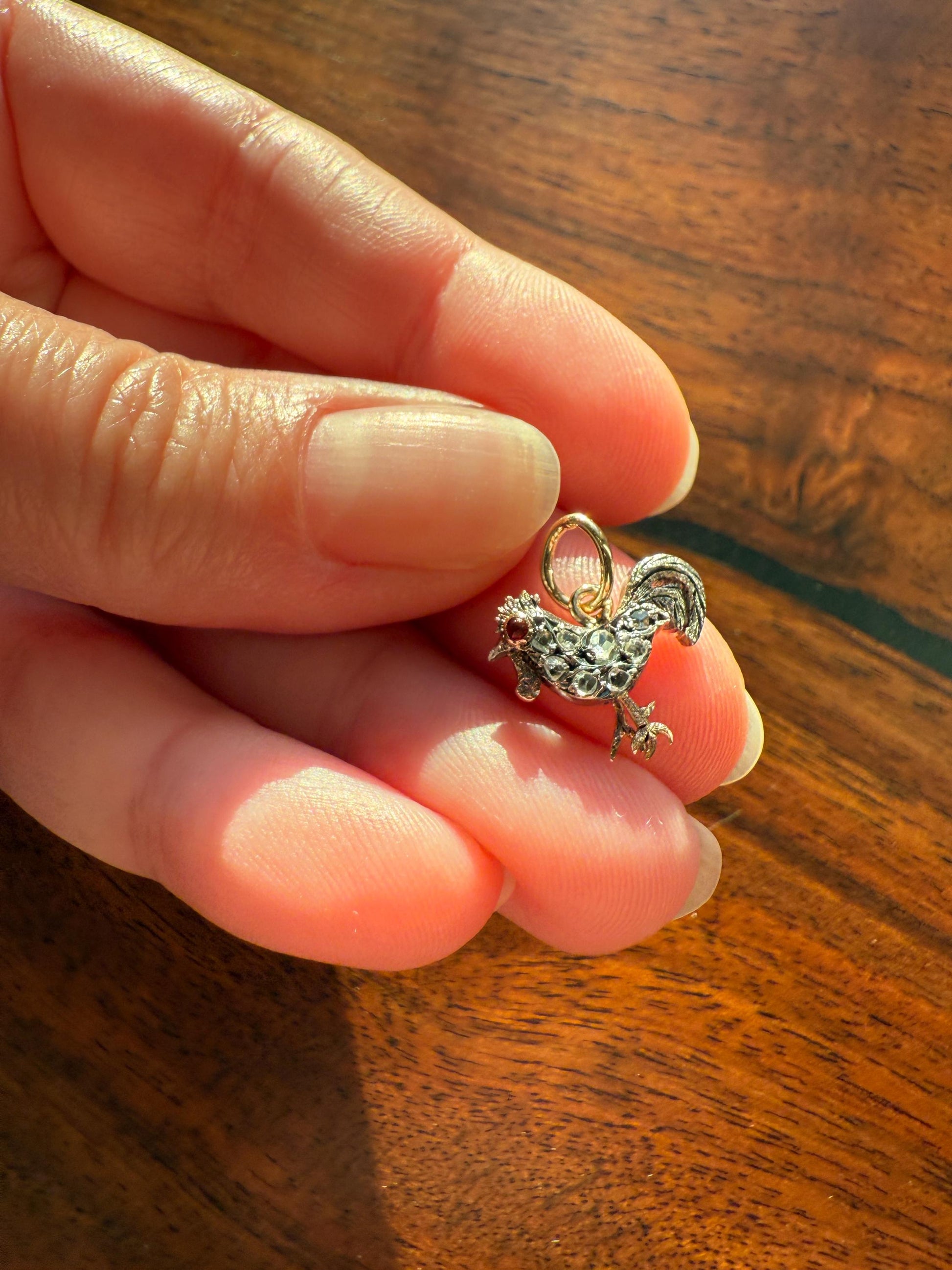 ROOSTER Rose Cut DIAMOND Ruby Eye Antique Victorian 14k Gold Silver Figural Pendant Necklace Bracelet Charm Animal Bird Jewelry Courage