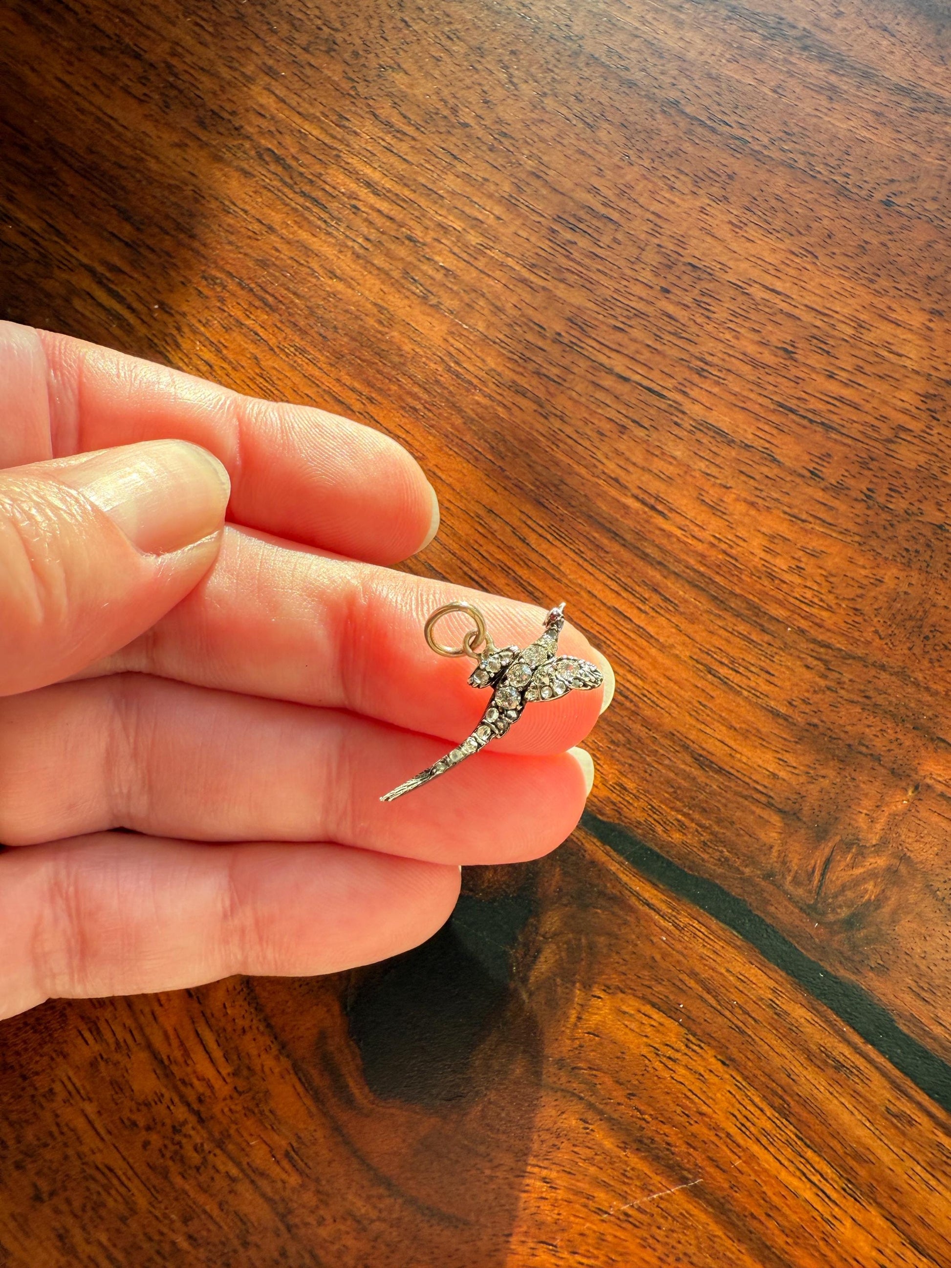 PHEASANT in Flight Antique Victorian 14k Gold Figural Pendant Old Mine Rose Cut Diamond Ruby Eye Necklace Bracelet Charm Animal Game Jewelry