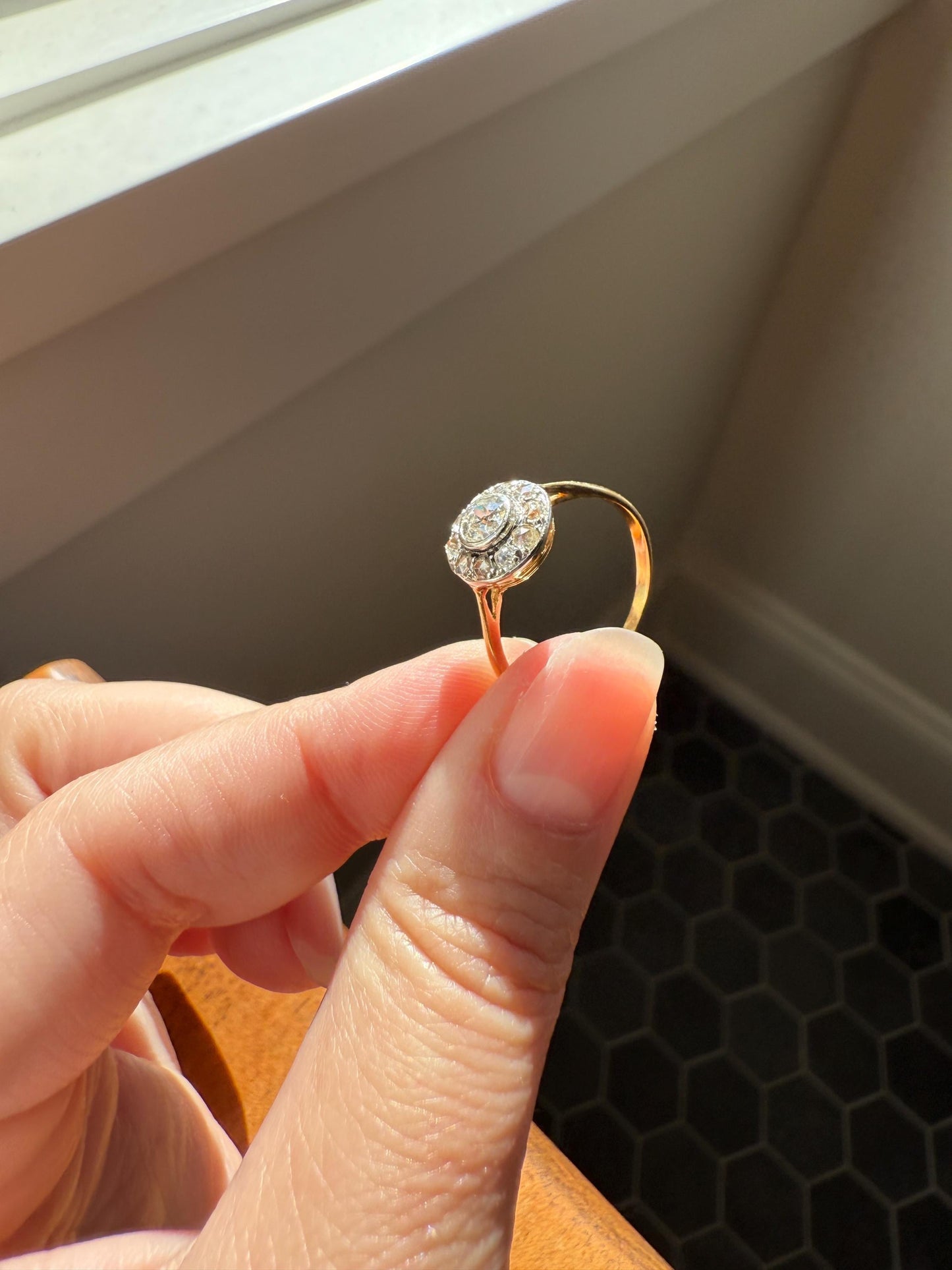 Antique Old Mine Cut Diamond Rose Cut Halo Ring 18k Gold Stacker Ring OMC Bullseye Target Romantic Gift