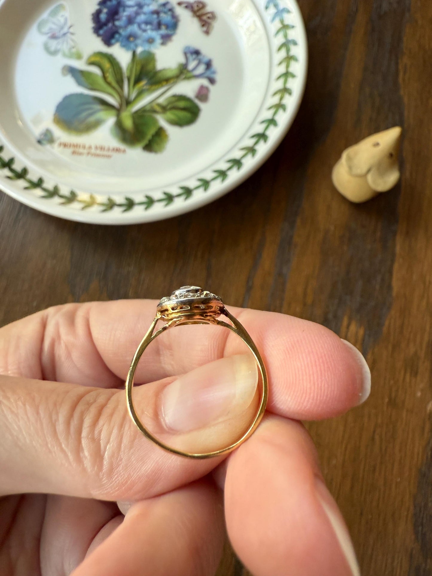 Antique Old Mine Cut Diamond Rose Cut Halo Ring 18k Gold Stacker Ring OMC Bullseye Target Romantic Gift