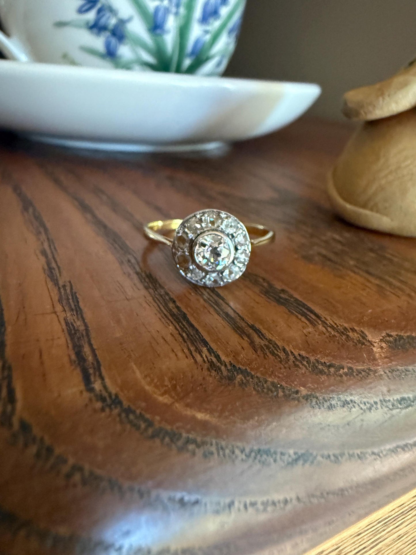 Antique Old Mine Cut Diamond Rose Cut Halo Ring 18k Gold Stacker Ring OMC Bullseye Target Romantic Gift