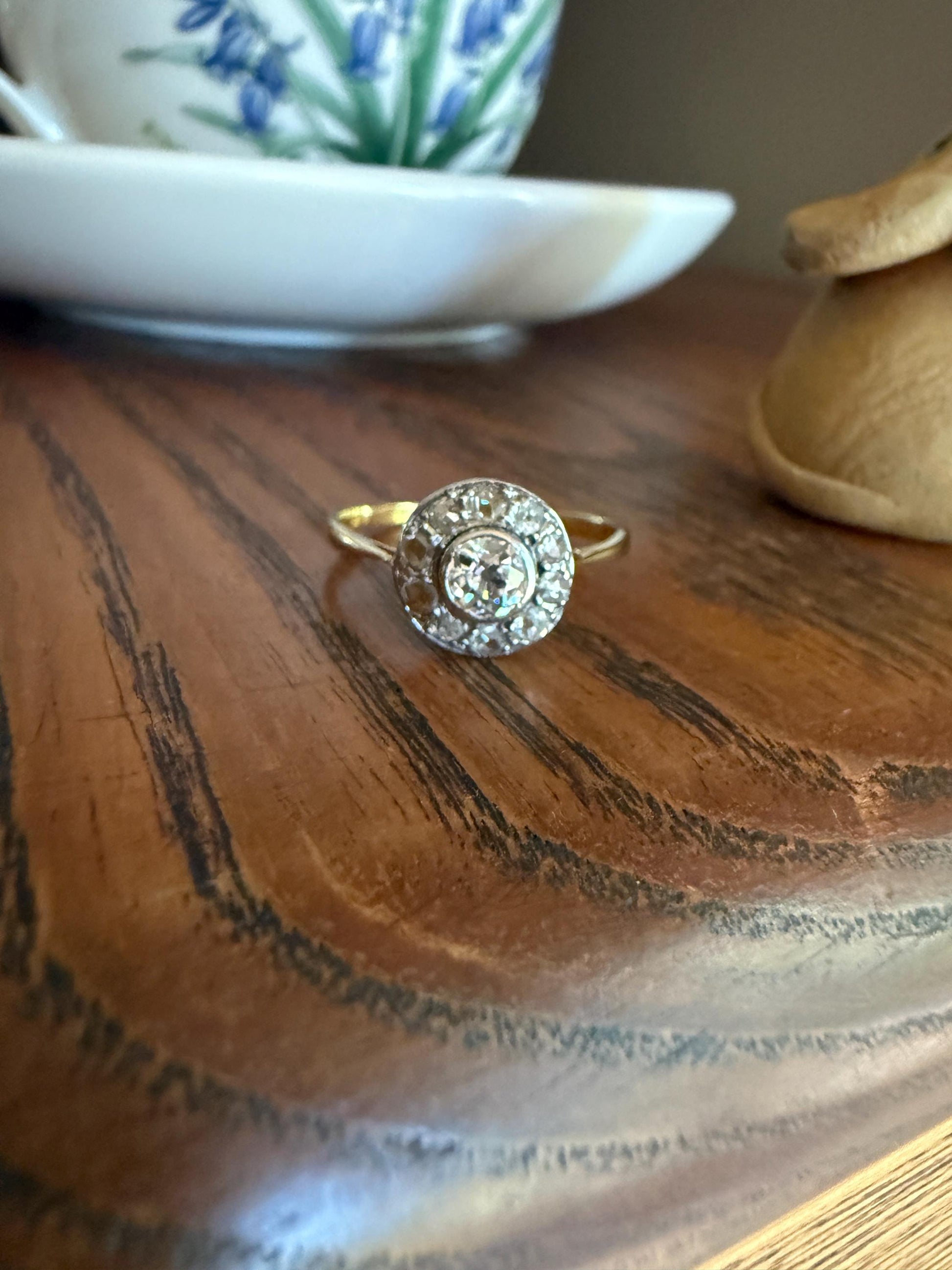 Antique Old Mine Cut Diamond Rose Cut Halo Ring 18k Gold Stacker Ring OMC Bullseye Target Romantic Gift