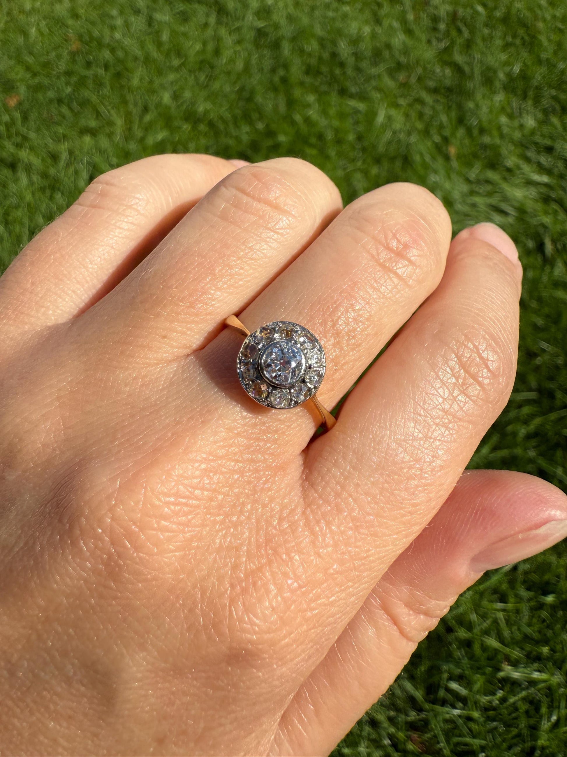 Antique Old Mine Cut Diamond Rose Cut Halo Ring 18k Gold Stacker Ring OMC Bullseye Target Romantic Gift