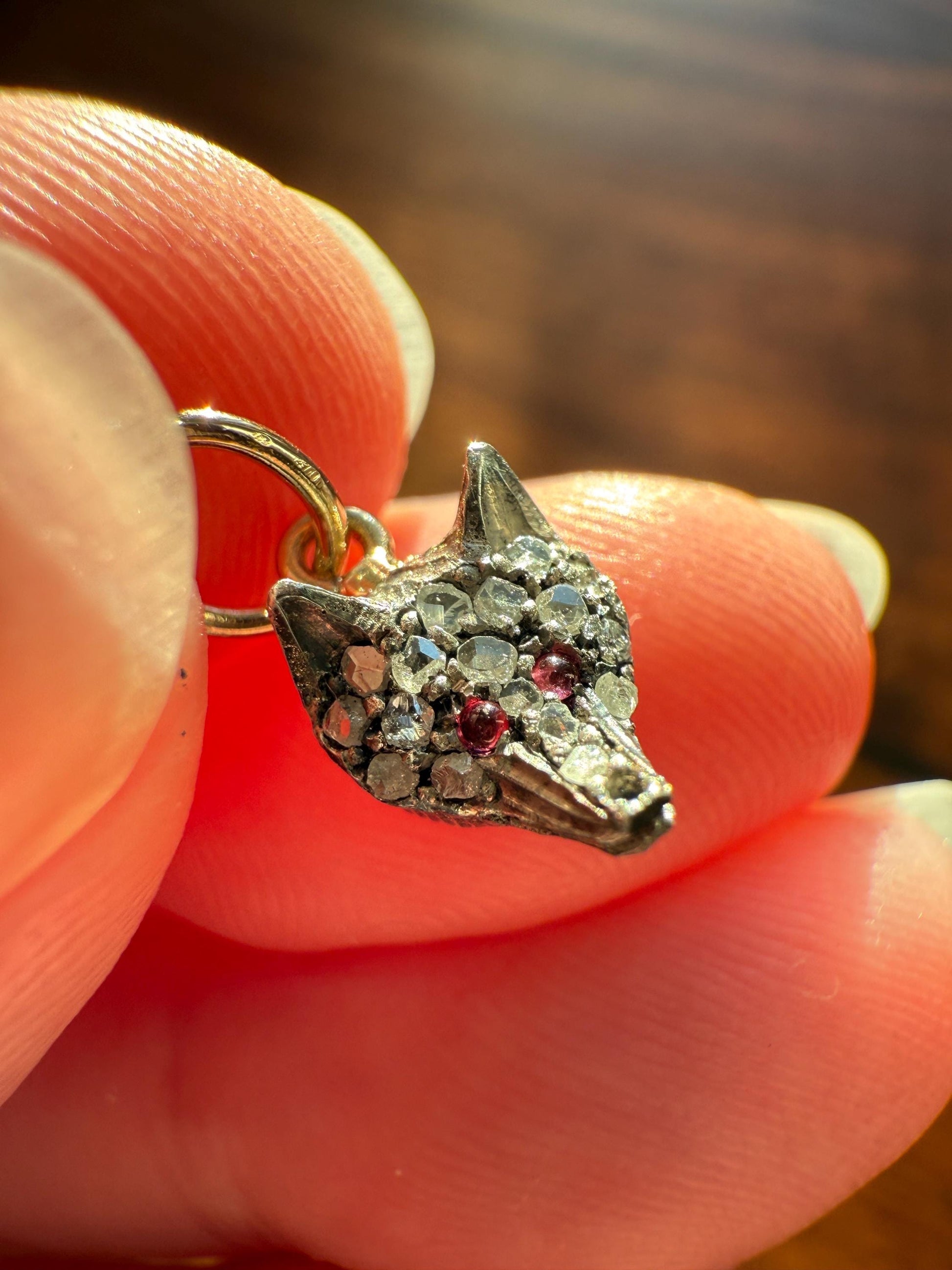 FOX Mini Wolf Antique Victorian 14k Gold Silver Figural Pendant Rose Cut Diamond Ruby Eye Necklace Bracelet Charm Animal