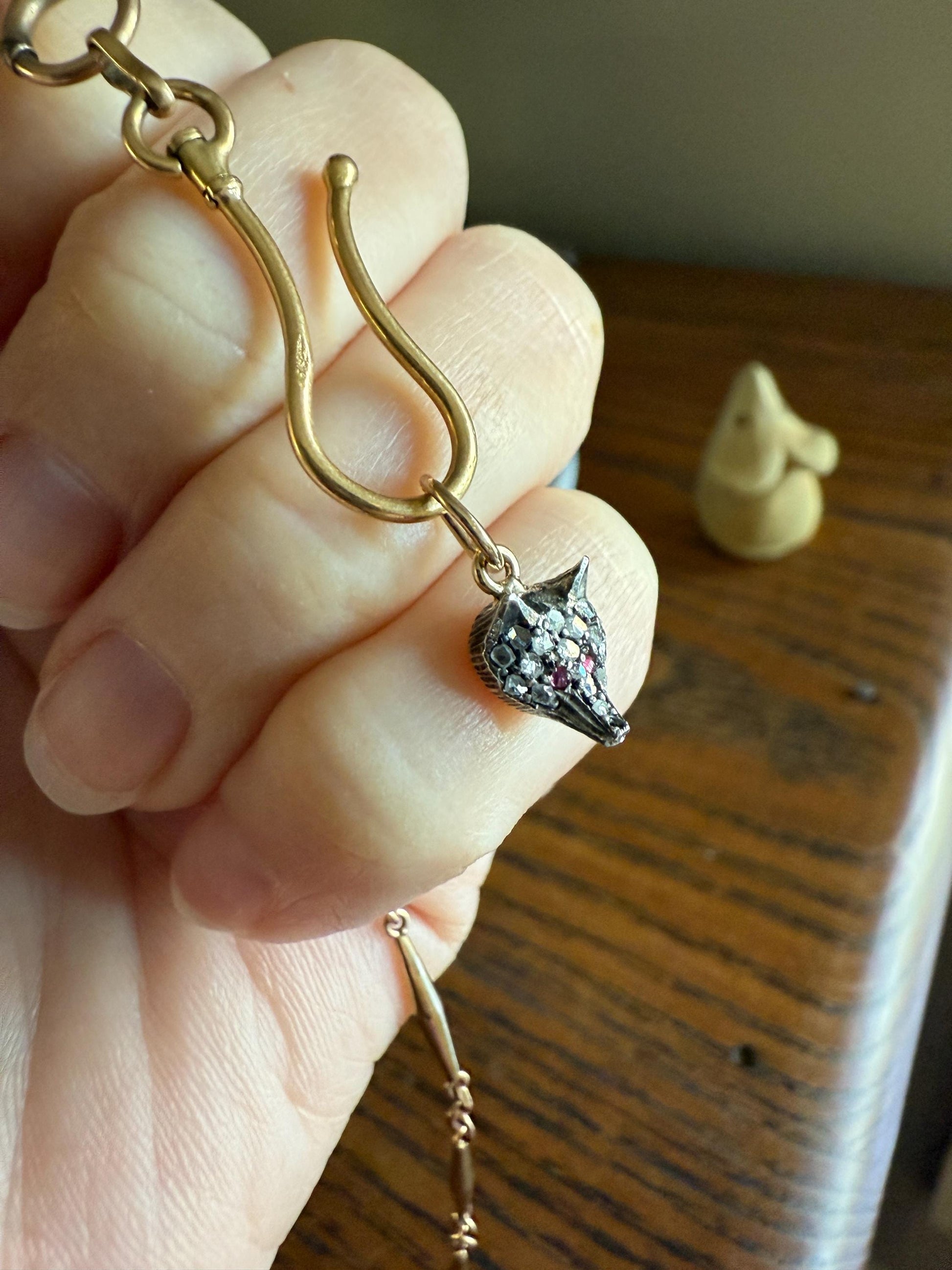 FOX Mini Wolf Antique Victorian 14k Gold Silver Figural Pendant Rose Cut Diamond Ruby Eye Necklace Bracelet Charm Animal