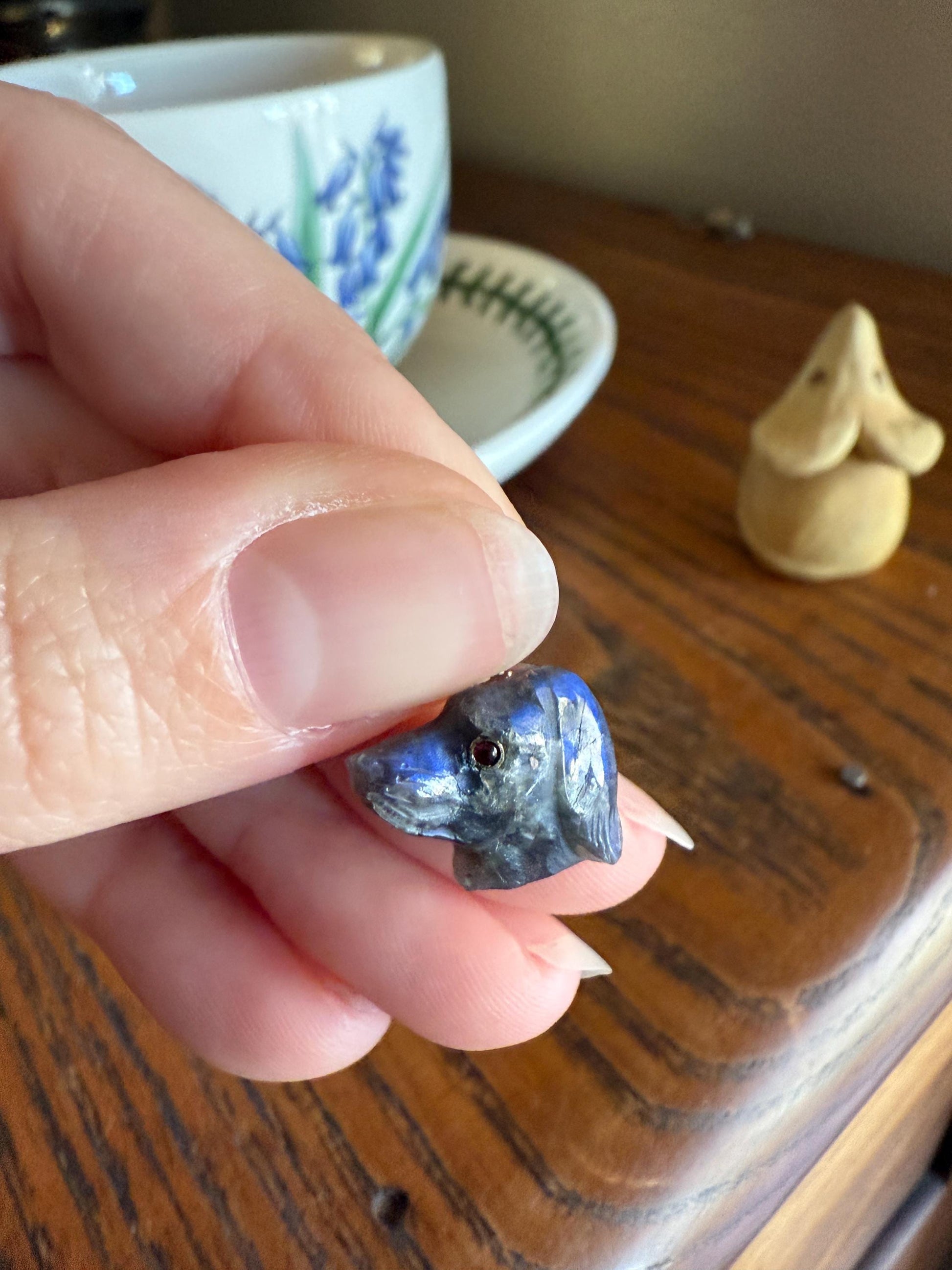 LABRADORITE Blue Labrador ; ) DOG Head Carved Antique Victorian French 18k Gold Figural Hunting Loyalty Hound Pendant Bracelet Charm Animal