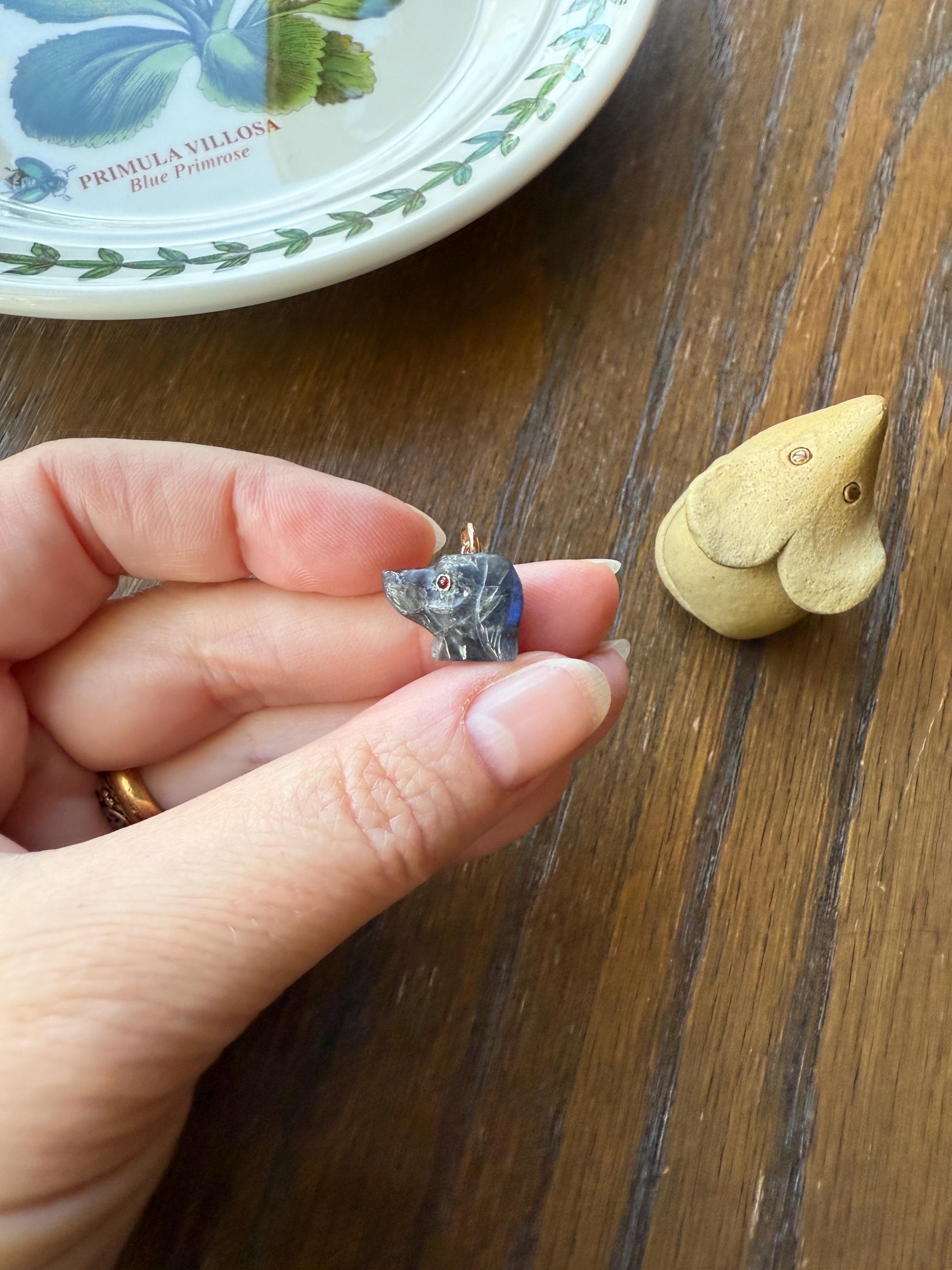 LABRADORITE Blue Labrador ; ) DOG Head Carved Antique Victorian French 18k Gold Figural Hunting Loyalty Hound Pendant Bracelet Charm Animal