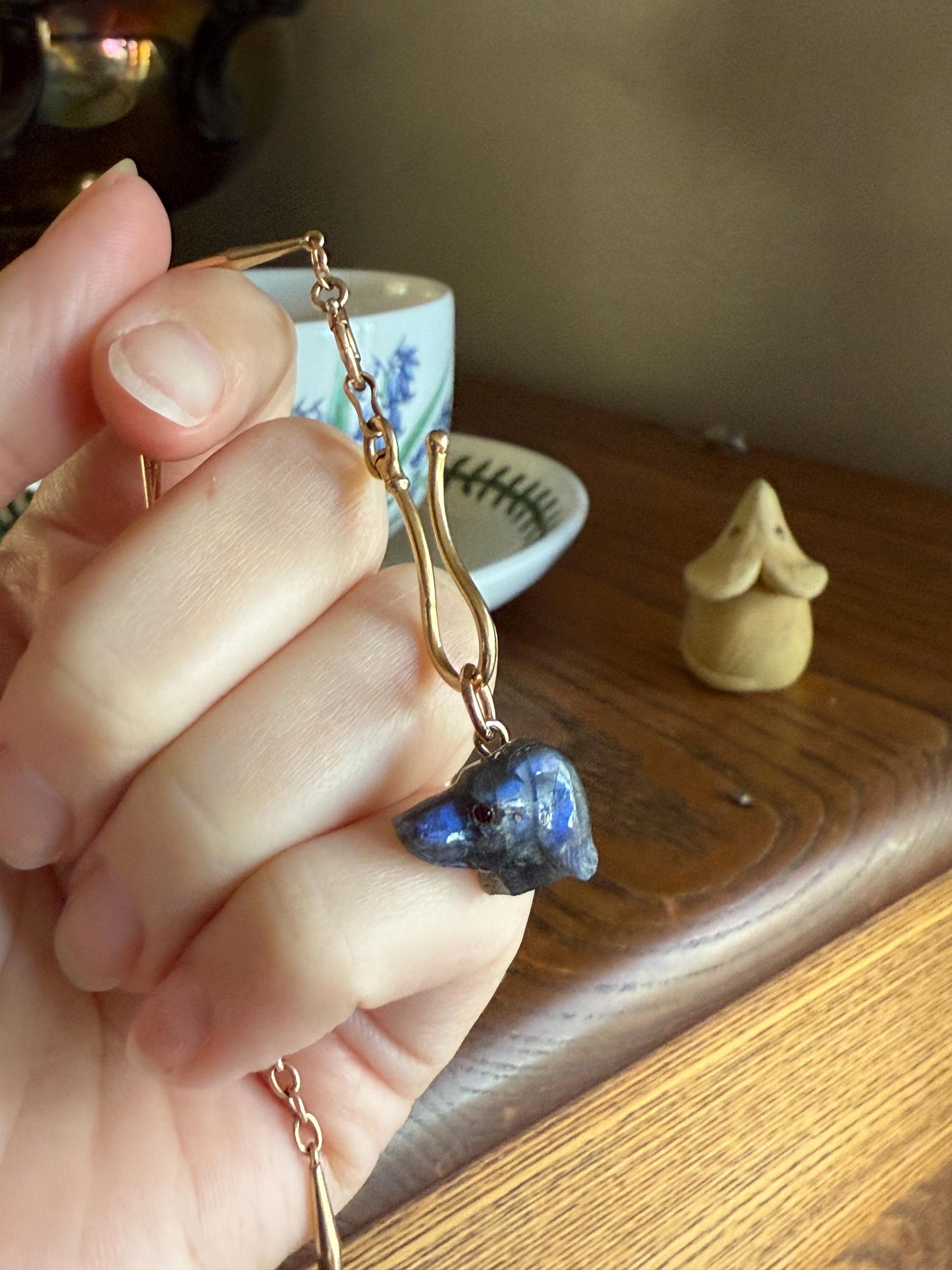 LABRADORITE Blue Labrador ; ) DOG Head Carved Antique Victorian French 18k Gold Figural Hunting Loyalty Hound Pendant Bracelet Charm Animal