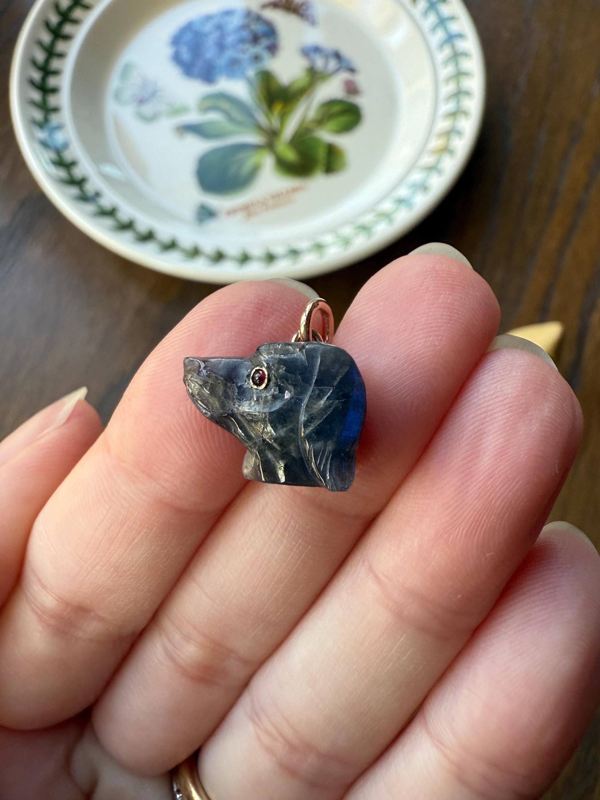 LABRADORITE Blue Labrador ; ) DOG Head Carved Antique Victorian French 18k Gold Figural Hunting Loyalty Hound Pendant Bracelet Charm Animal