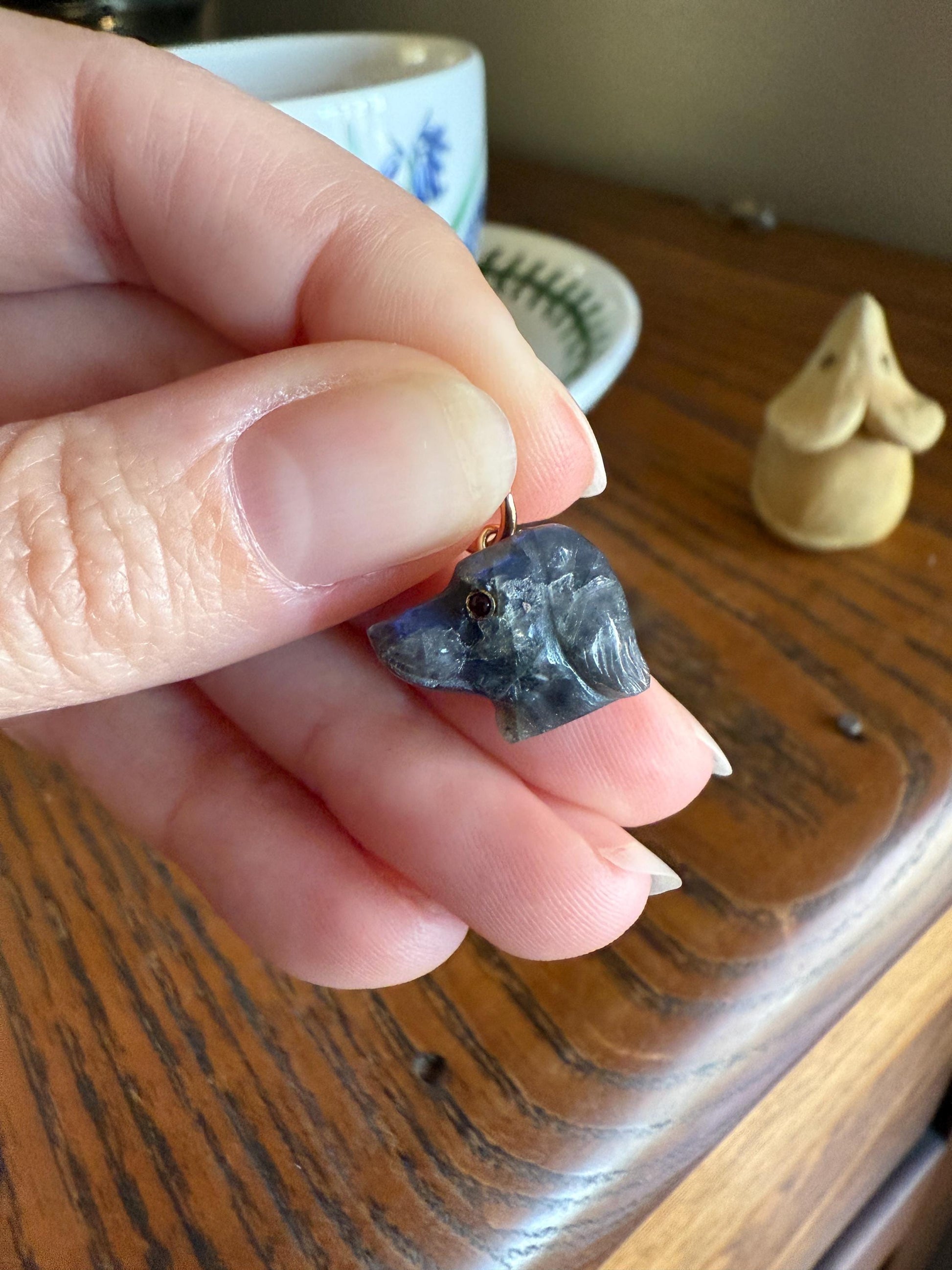 LABRADORITE Blue Labrador ; ) DOG Head Carved Antique Victorian French 18k Gold Figural Hunting Loyalty Hound Pendant Bracelet Charm Animal