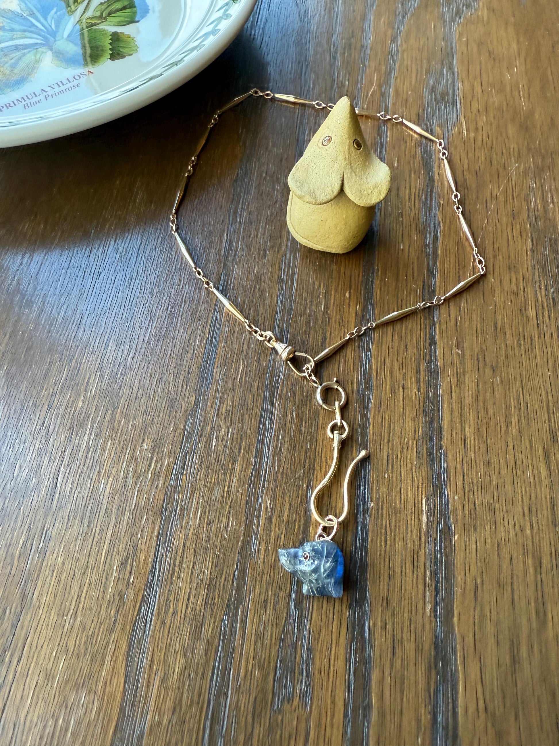 LABRADORITE Blue Labrador ; ) DOG Head Carved Antique Victorian French 18k Gold Figural Hunting Loyalty Hound Pendant Bracelet Charm Animal