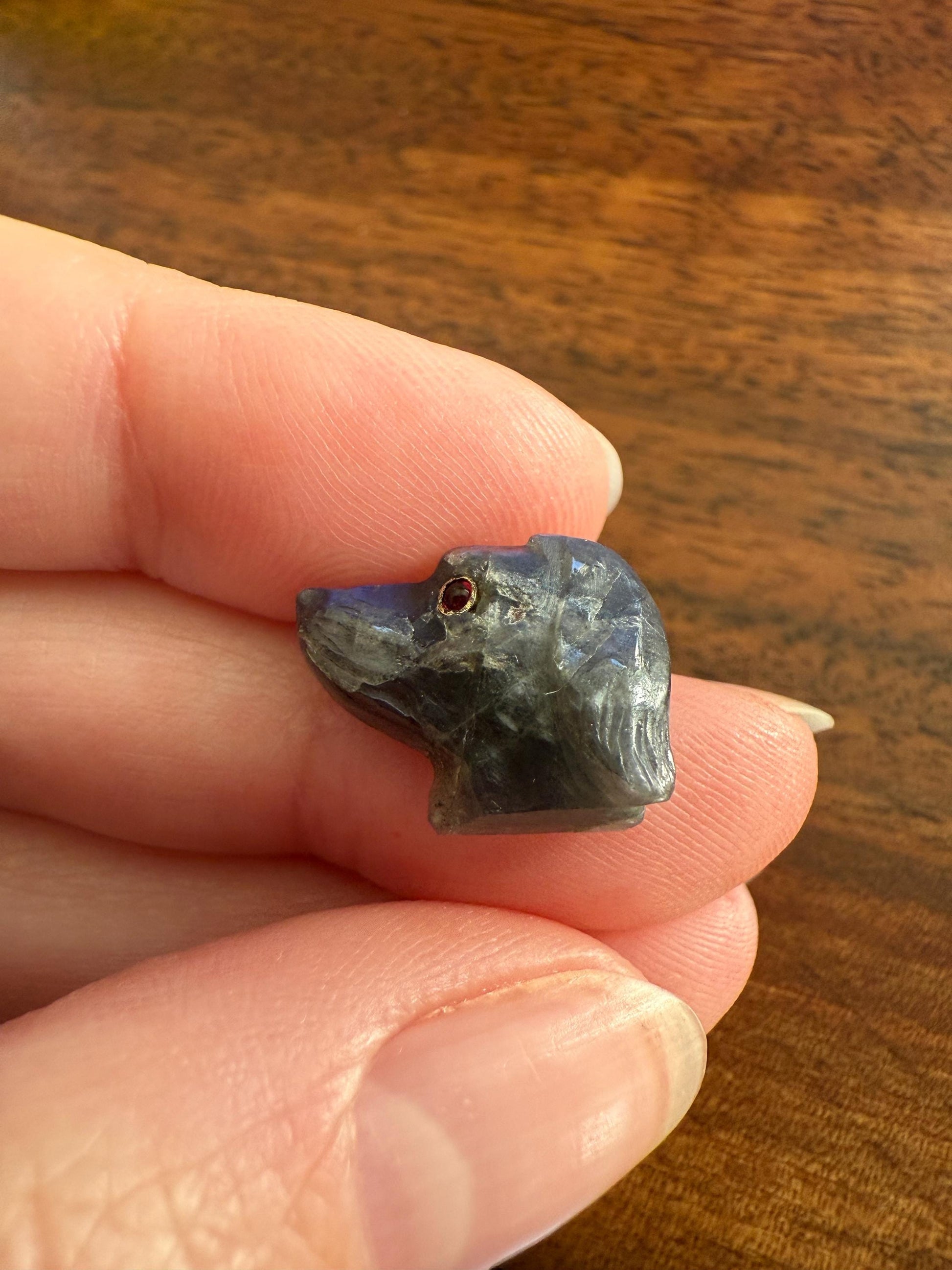 LABRADORITE Blue Labrador ; ) DOG Head Carved Antique Victorian French 18k Gold Figural Hunting Loyalty Hound Pendant Bracelet Charm Animal