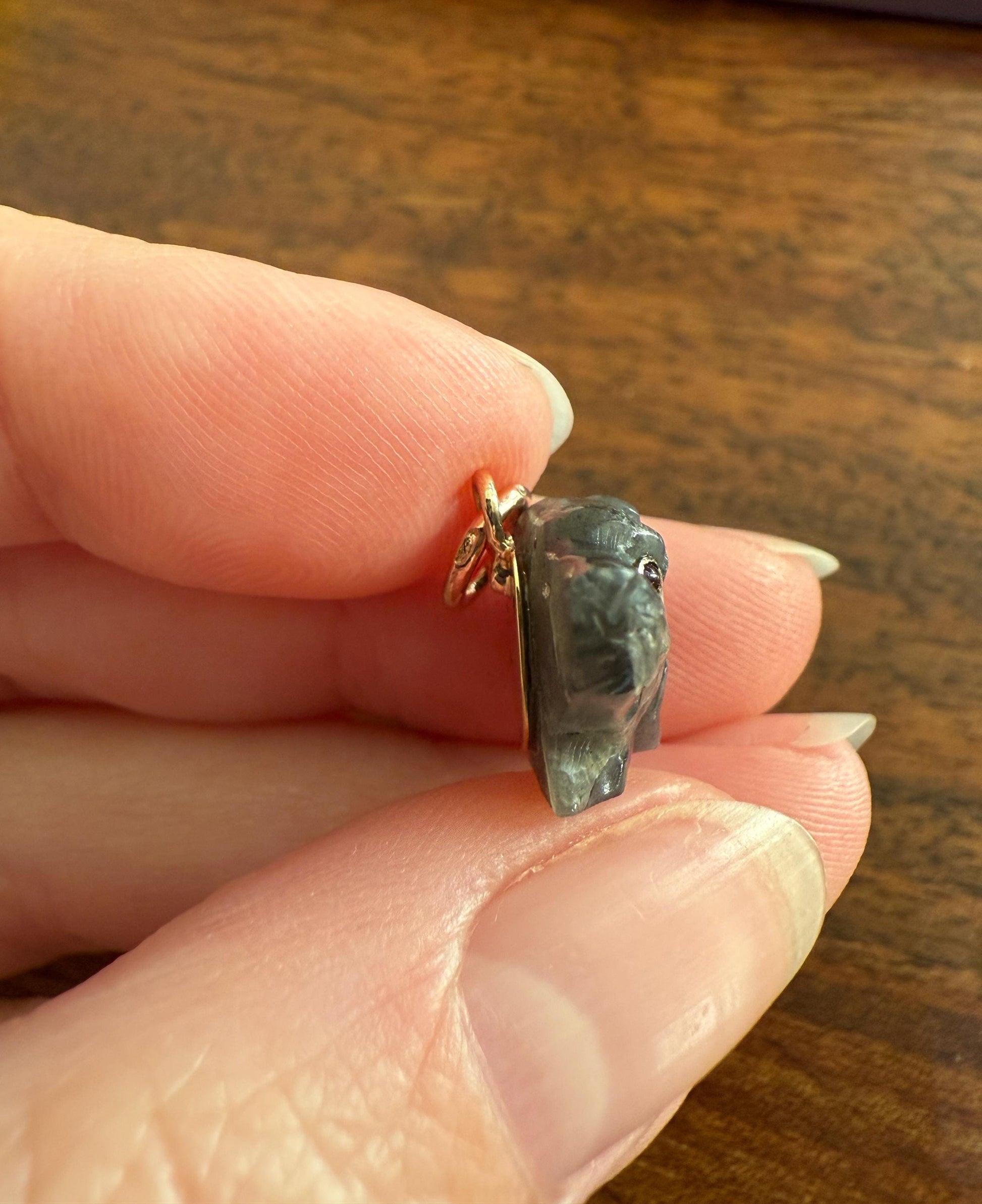 LABRADORITE Blue Labrador ; ) DOG Head Carved Antique Victorian French 18k Gold Figural Hunting Loyalty Hound Pendant Bracelet Charm Animal