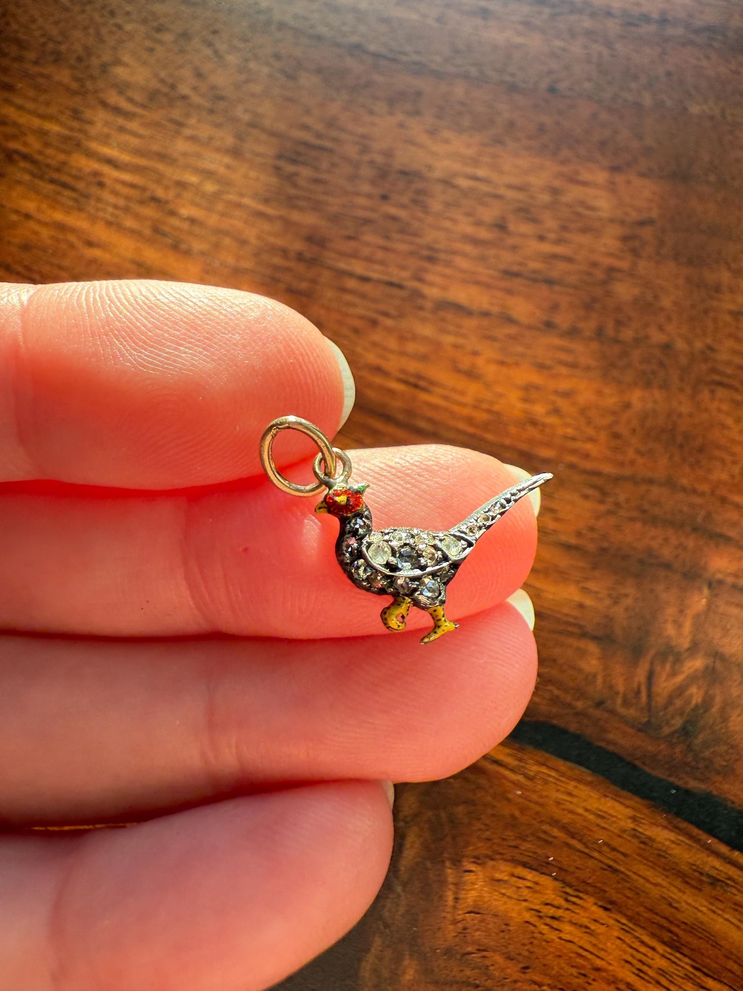 PHEASANT named Steve Standing Antique Victorian 14k Gold Figural Pendant Red Yellow Enamel Rose Cut Diamond Necklace Bracelet Charm Animal