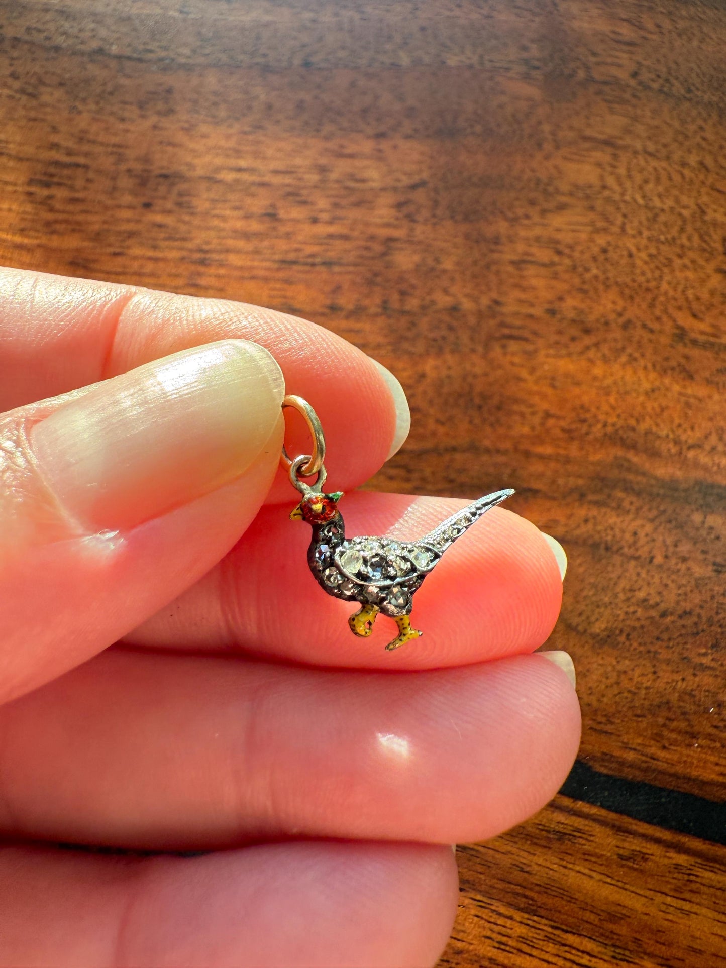 PHEASANT named Steve Standing Antique Victorian 14k Gold Figural Pendant Red Yellow Enamel Rose Cut Diamond Necklace Bracelet Charm Animal