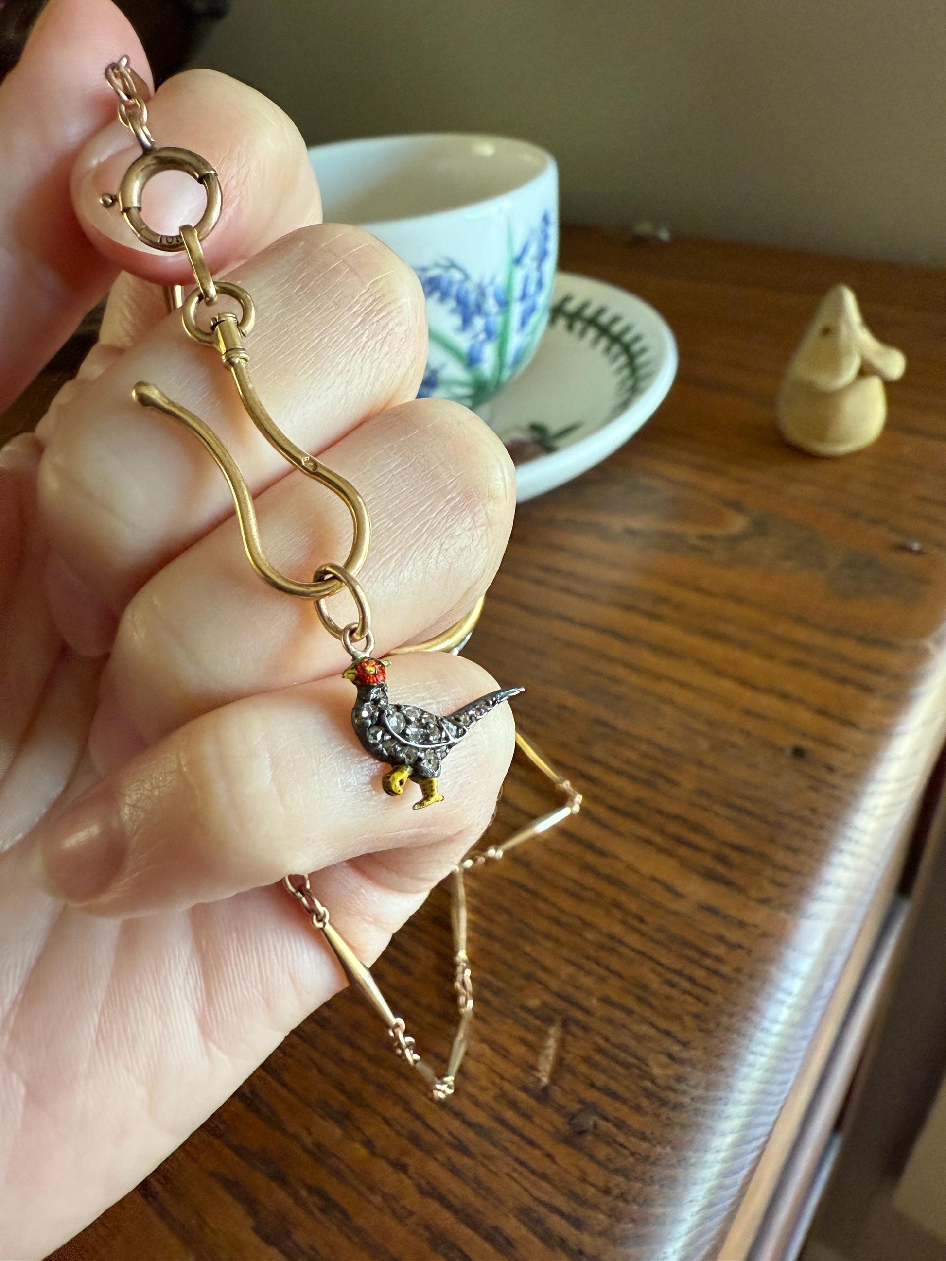 PHEASANT named Steve Standing Antique Victorian 14k Gold Figural Pendant Red Yellow Enamel Rose Cut Diamond Necklace Bracelet Charm Animal