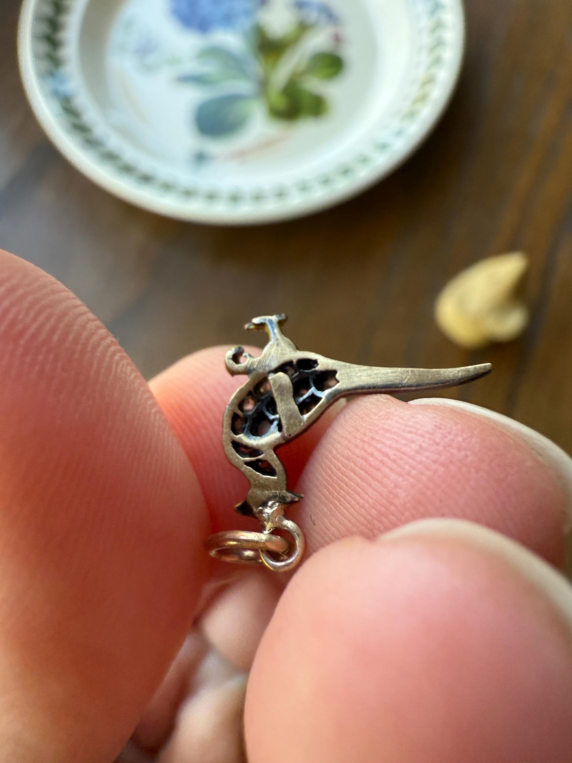 PHEASANT named Steve Standing Antique Victorian 14k Gold Figural Pendant Red Yellow Enamel Rose Cut Diamond Necklace Bracelet Charm Animal