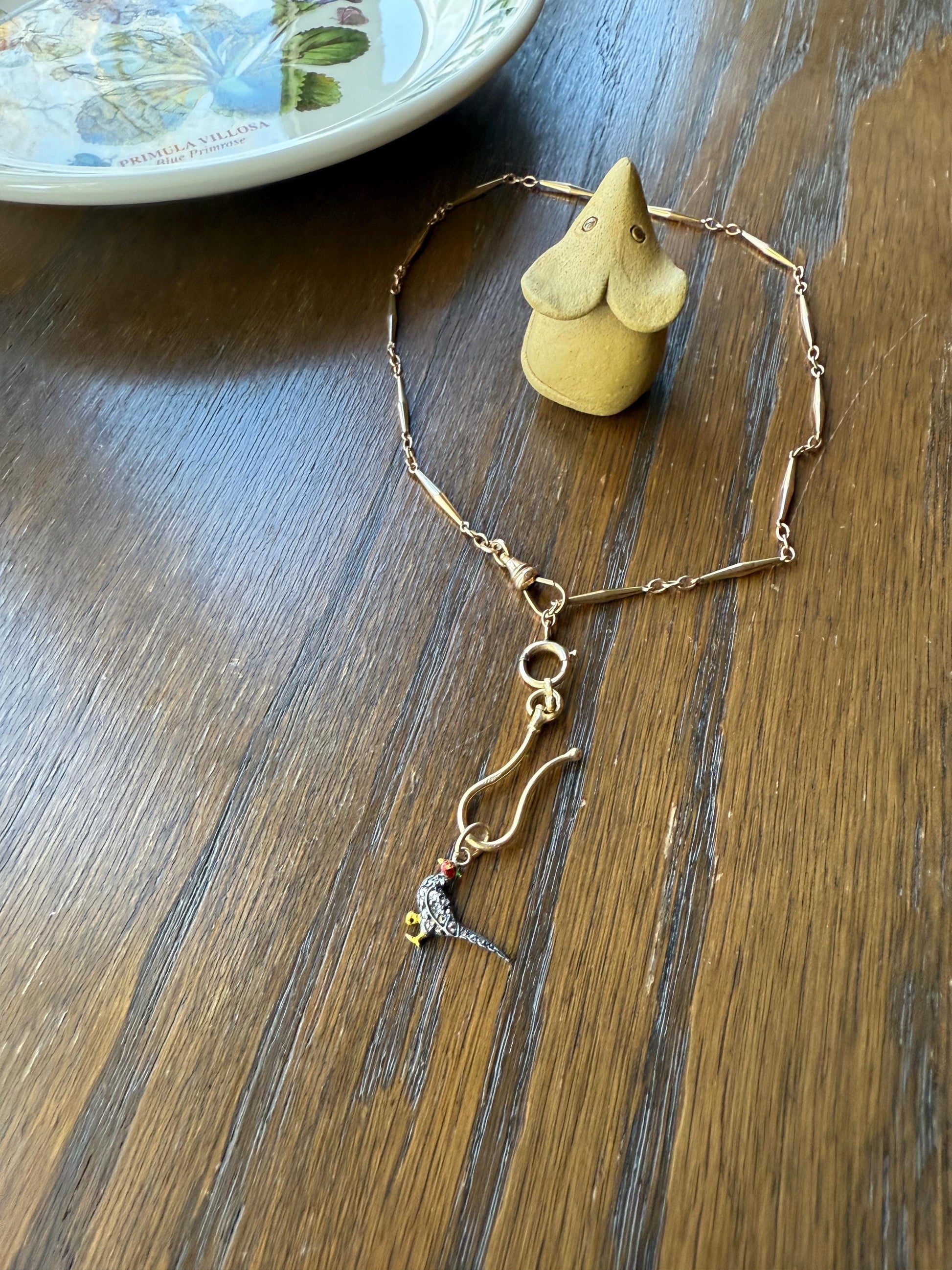 PHEASANT named Steve Standing Antique Victorian 14k Gold Figural Pendant Red Yellow Enamel Rose Cut Diamond Necklace Bracelet Charm Animal