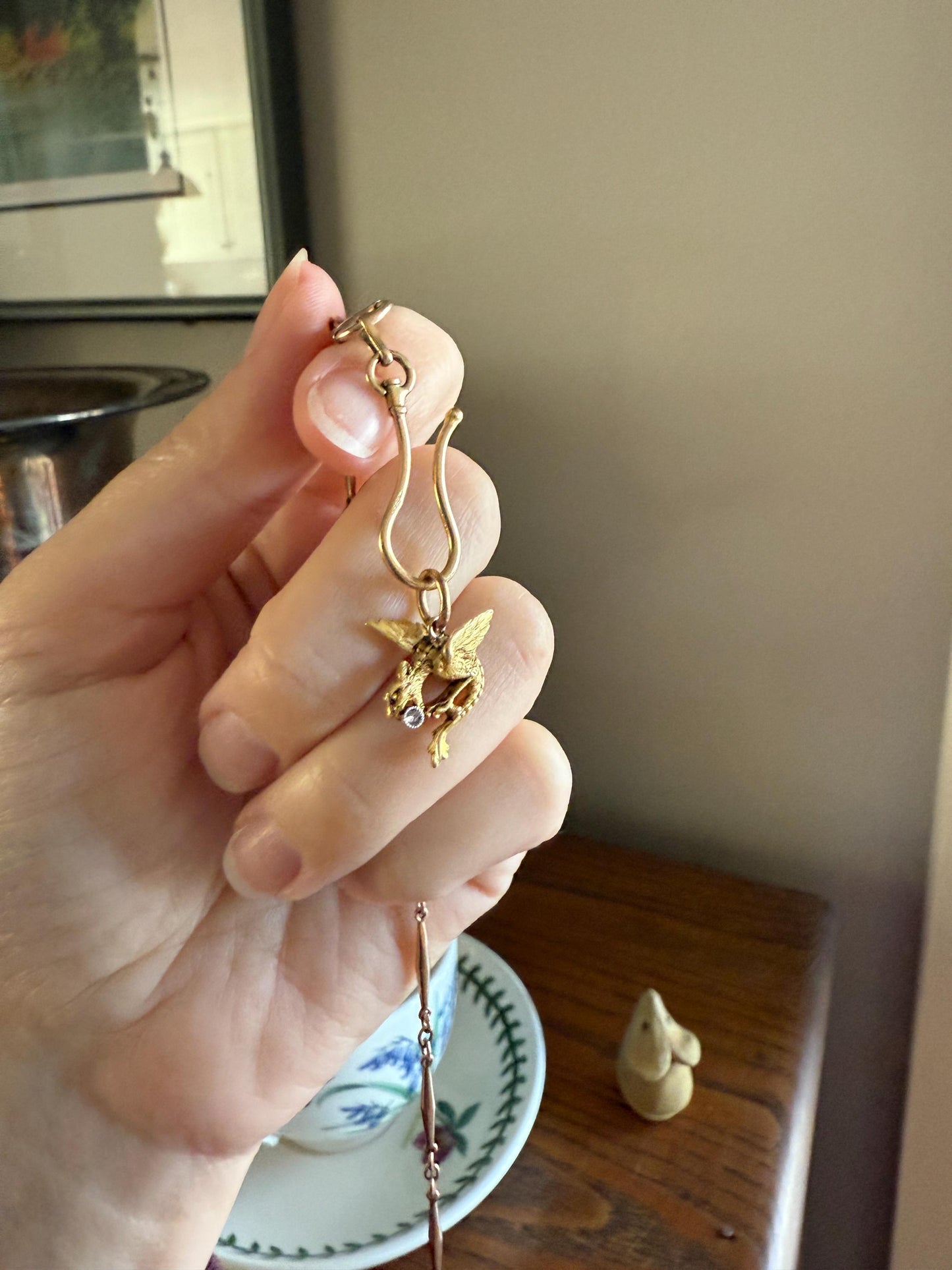 DRAGON 3D French Antique Victorian 18k Gold Rose Cut DIAMOND Figural Flying Pendant Belle Epoque Necklace Bracelet Charm Chimera