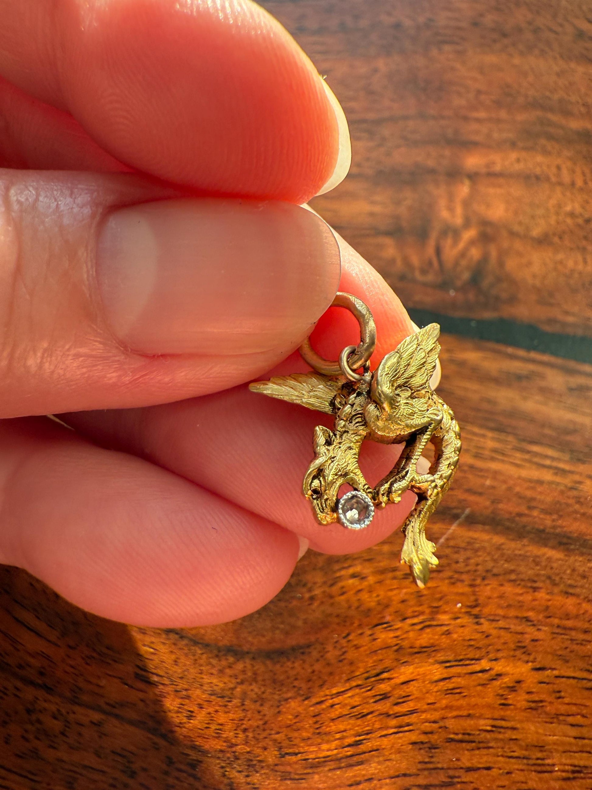 DRAGON 3D French Antique Victorian 18k Gold Rose Cut DIAMOND Figural Flying Pendant Belle Epoque Necklace Bracelet Charm Chimera