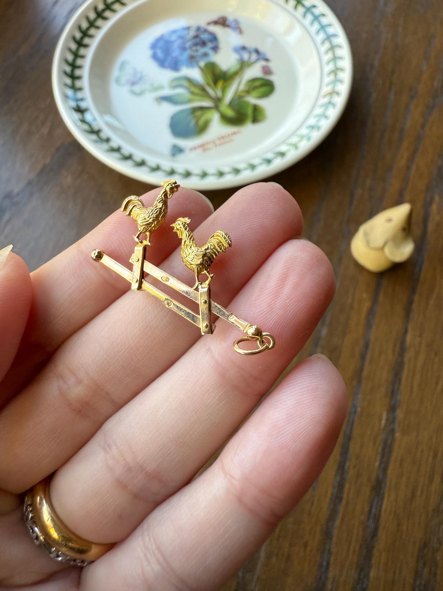 Dancing ROOSTERS On Picket Fence French Antique 18k Gold Solid Moveable Reversible Charm Pendant Victorian Belle Epoque Art Nouveau Country