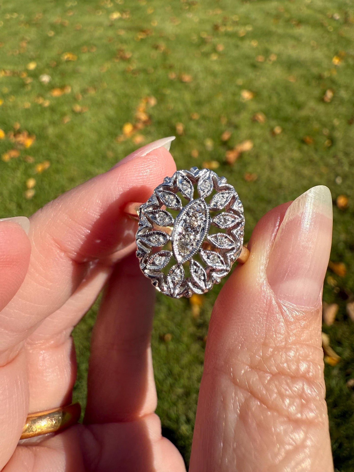 Scalloped Oval Antique Old Single Cut Diamond Open Work Shield Panel Ring 14k Two Tone Gold Cocktail Stacker Marquise Illusion Starburst