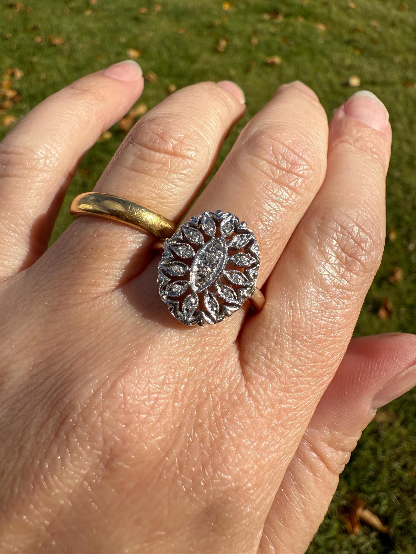 Scalloped Oval Antique Old Single Cut Diamond Open Work Shield Panel Ring 14k Two Tone Gold Cocktail Stacker Marquise Illusion Starburst