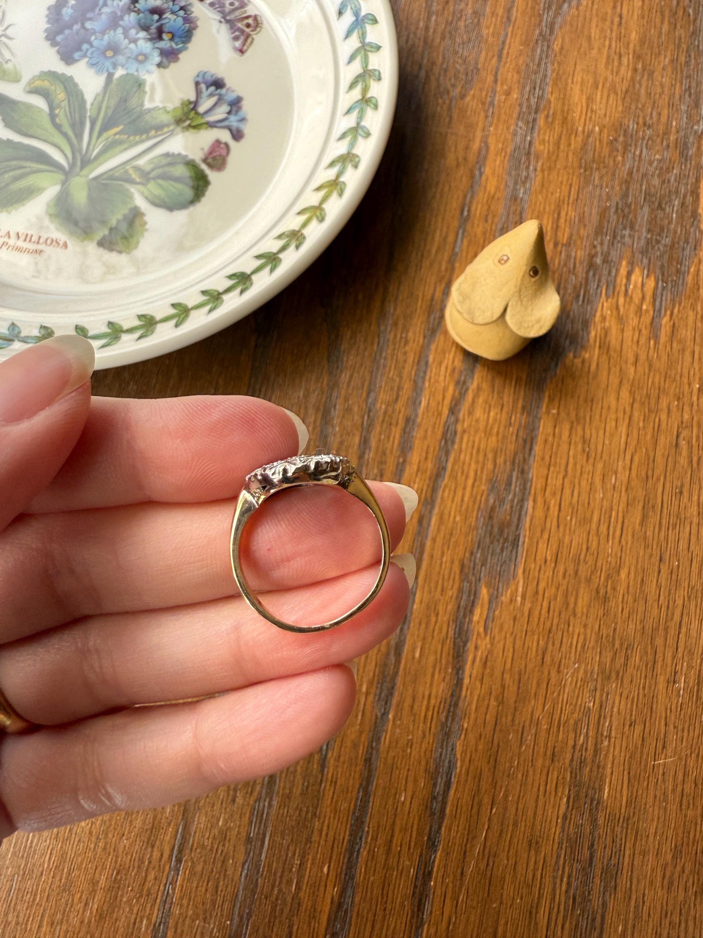 Scalloped Oval Antique Old Single Cut Diamond Open Work Shield Panel Ring 14k Two Tone Gold Cocktail Stacker Marquise Illusion Starburst