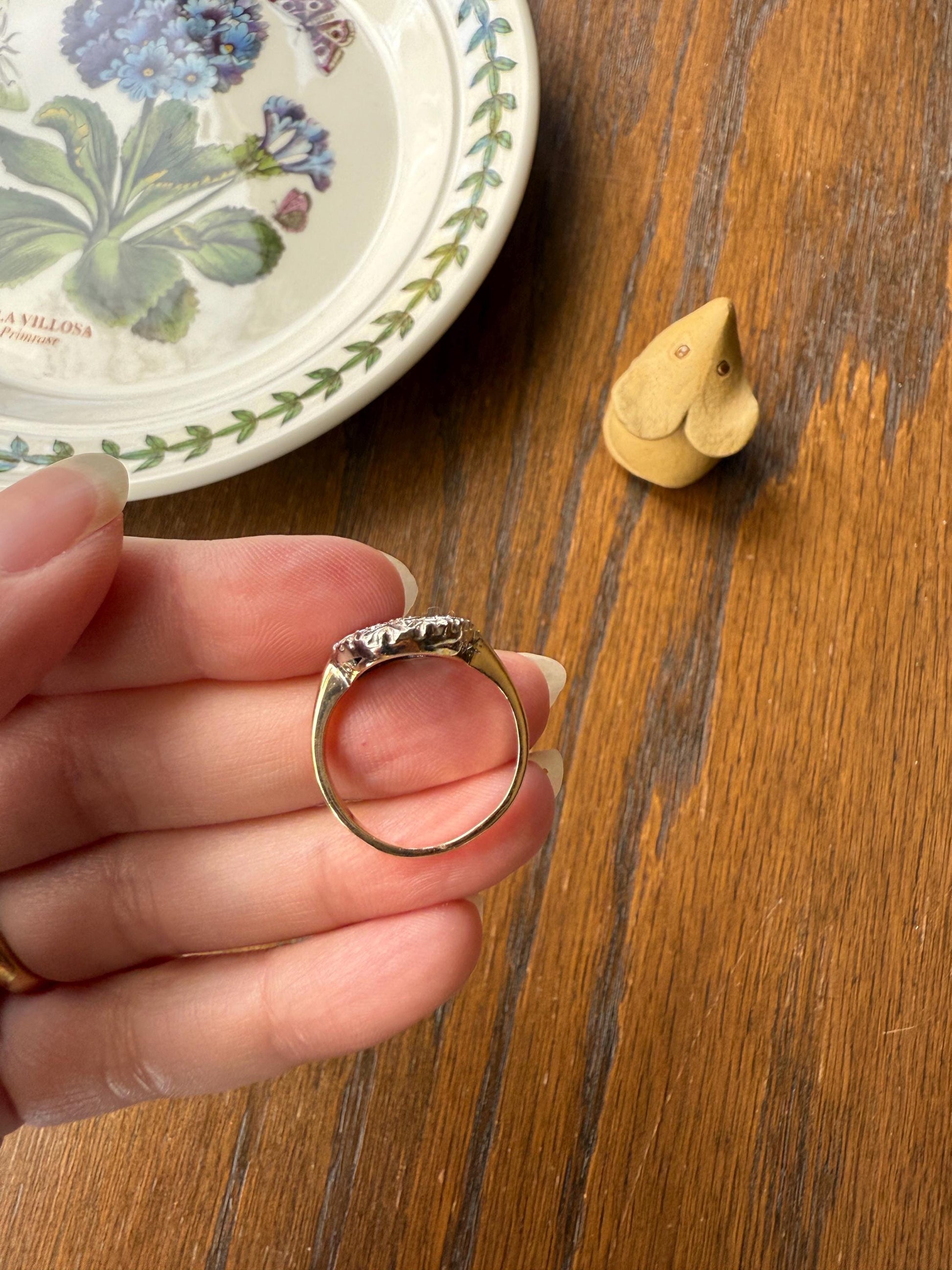 Scalloped Oval Antique Old Single Cut Diamond Open Work Shield Panel Ring 14k Two Tone Gold Cocktail Stacker Marquise Illusion Starburst