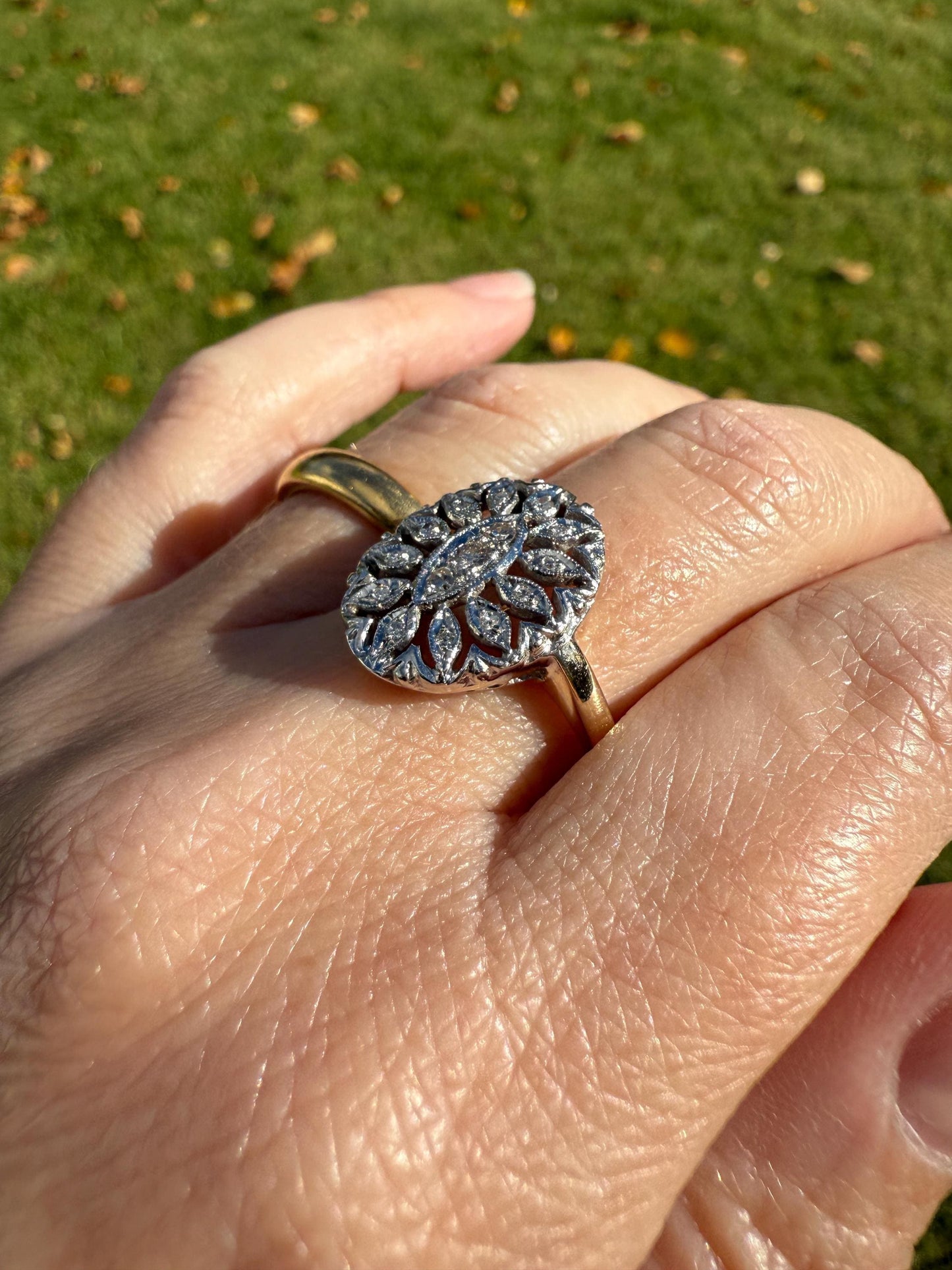 Scalloped Oval Antique Old Single Cut Diamond Open Work Shield Panel Ring 14k Two Tone Gold Cocktail Stacker Marquise Illusion Starburst