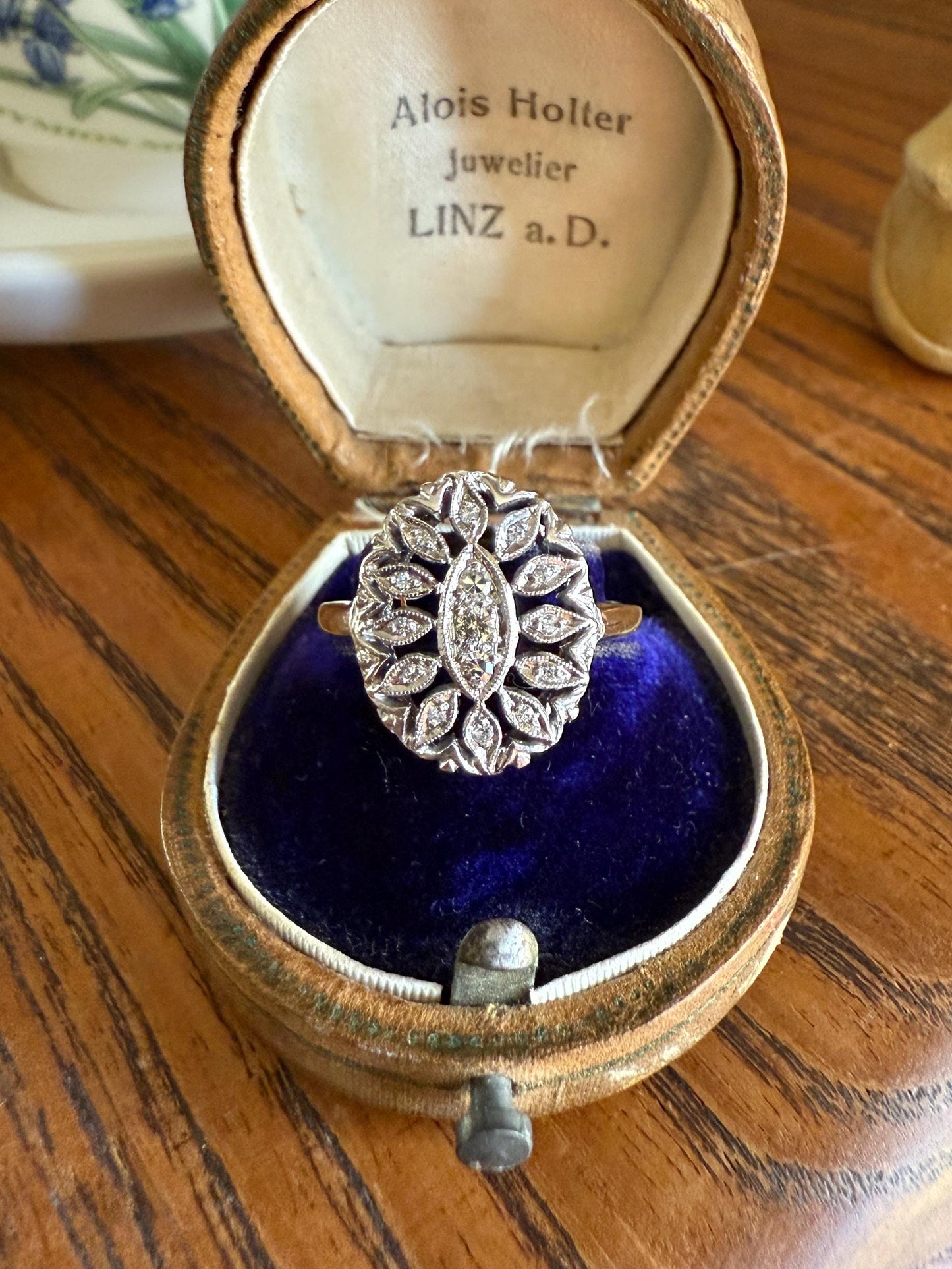 Scalloped Oval Antique Old Single Cut Diamond Open Work Shield Panel Ring 14k Two Tone Gold Cocktail Stacker Marquise Illusion Starburst