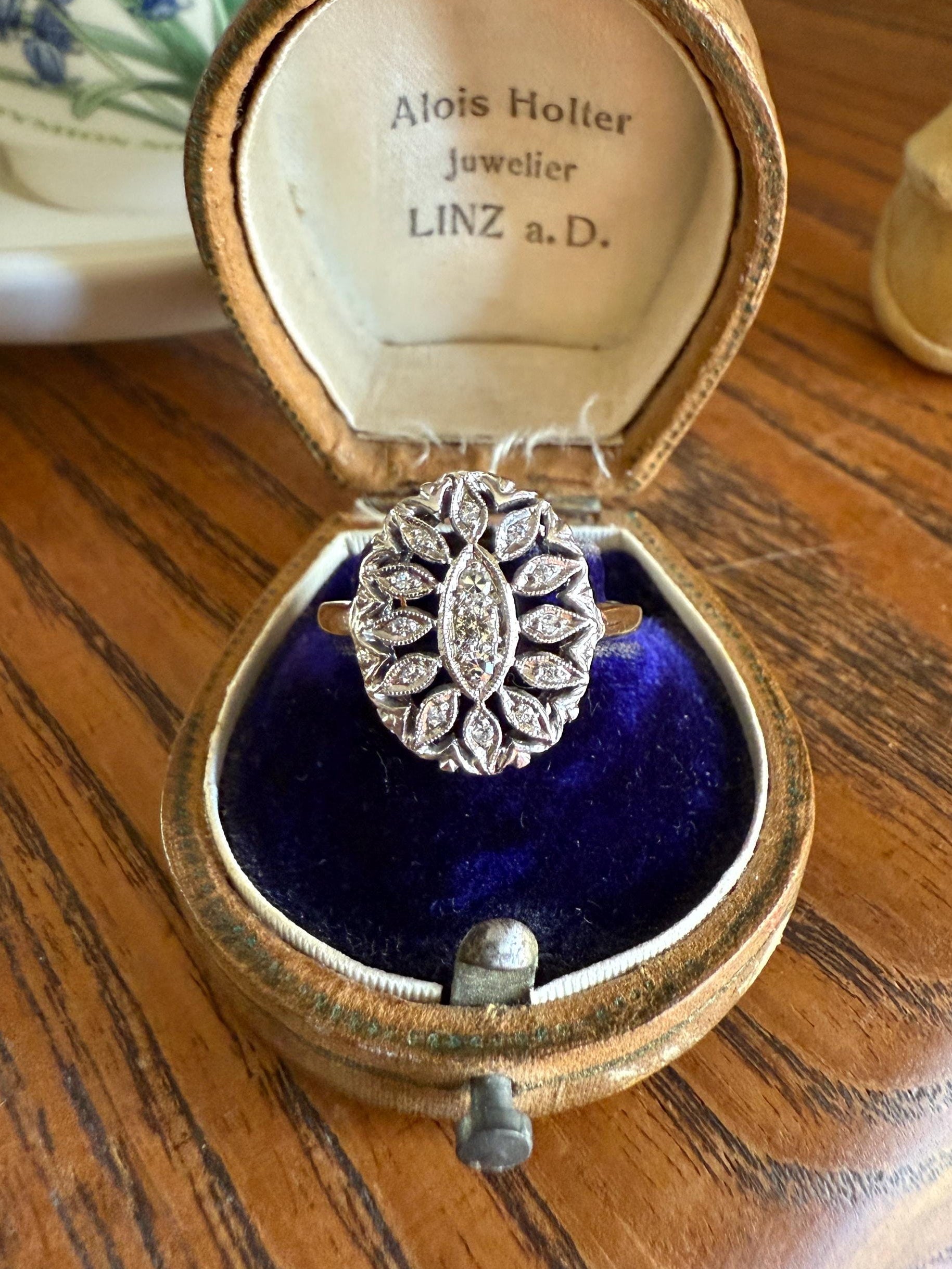 Scalloped Oval Antique Old Single Cut Diamond Open Work Shield Panel Ring 14k Two Tone Gold Cocktail Stacker Marquise Illusion Starburst