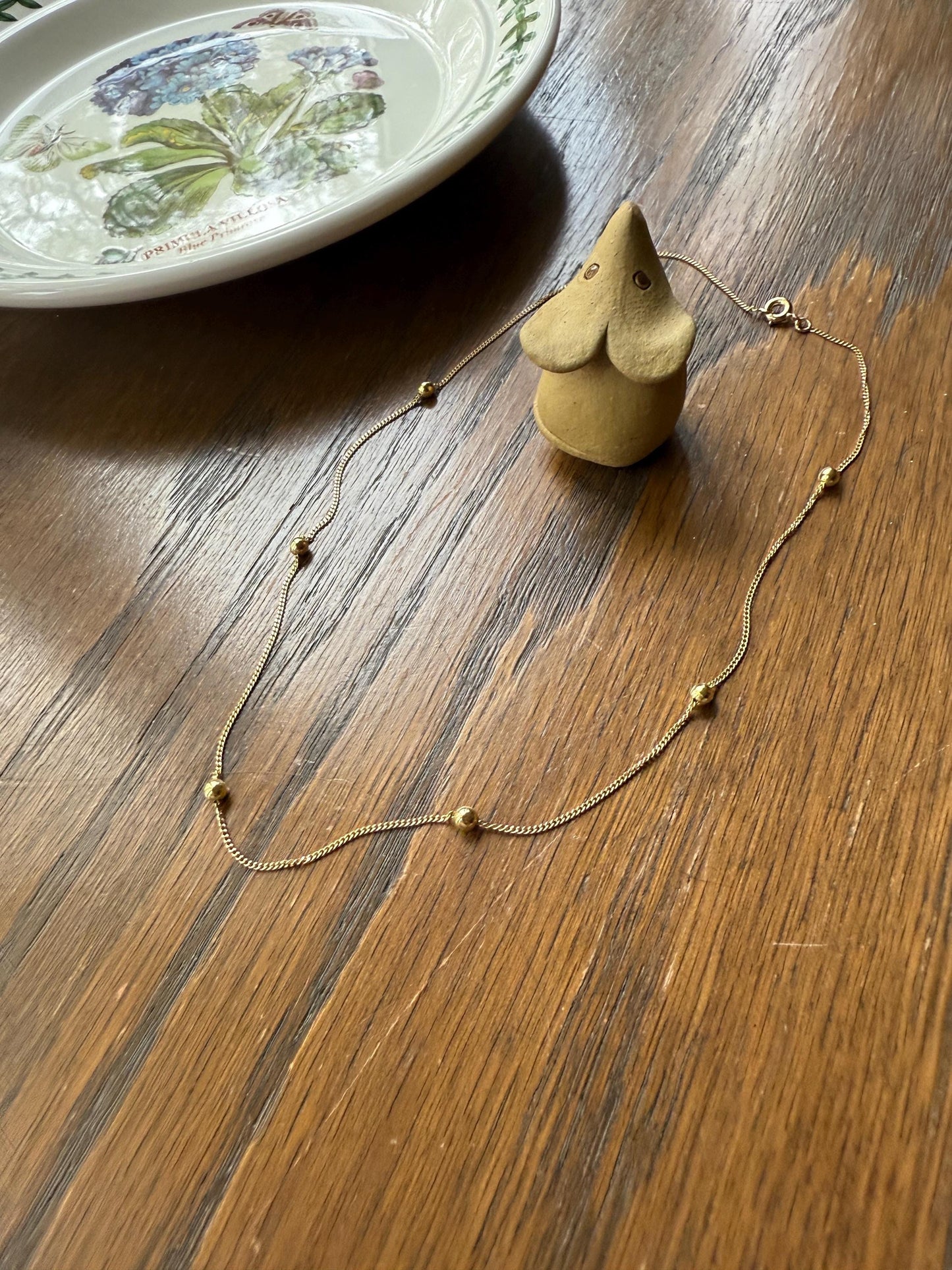 Dainty Vintage Mini Bead Chain 18k Gold Pearls 15" Short Necklace Solid Ball Rivet 2.4g Minimalist Layering Shimmer Glow Choker