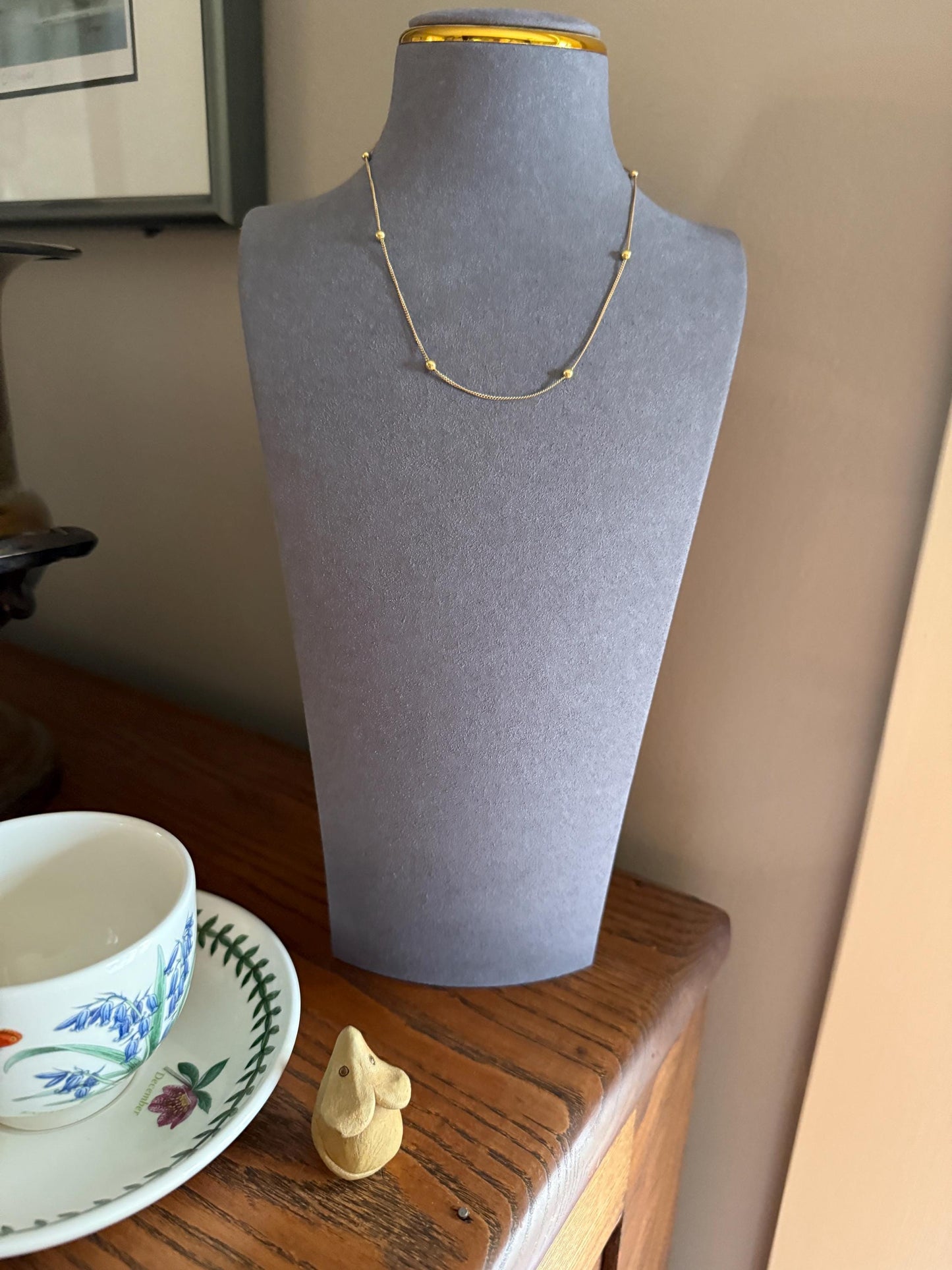 Dainty Vintage Mini Bead Chain 18k Gold Pearls 15" Short Necklace Solid Ball Rivet 2.4g Minimalist Layering Shimmer Glow Choker