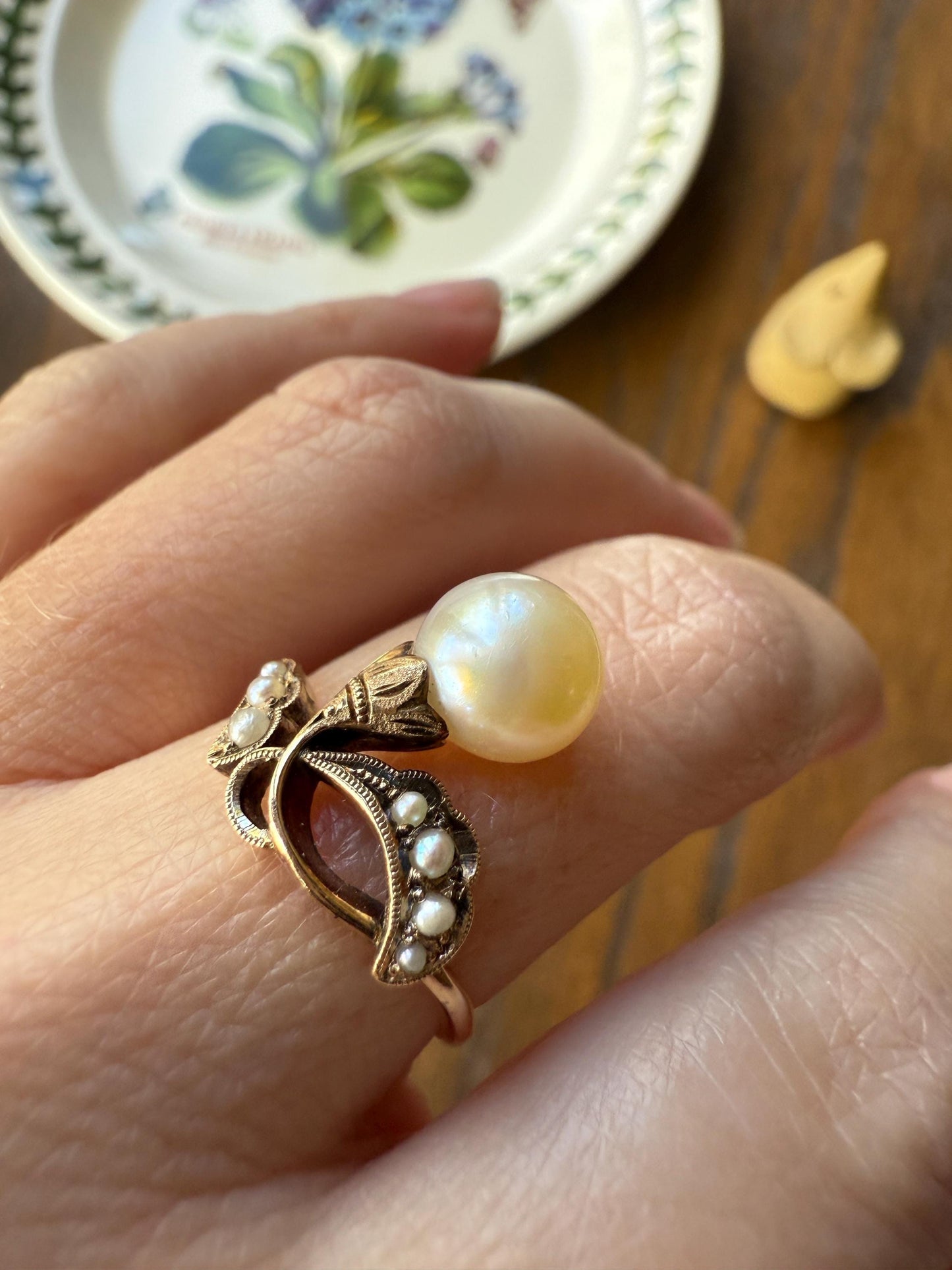 Pearl Floral TIARA RING Antique Art Nouveau Victorian Swirl Seed Pearl Ring 14k Gold Rosy Solid Cocktail Stacker Ornate Romantic Gift