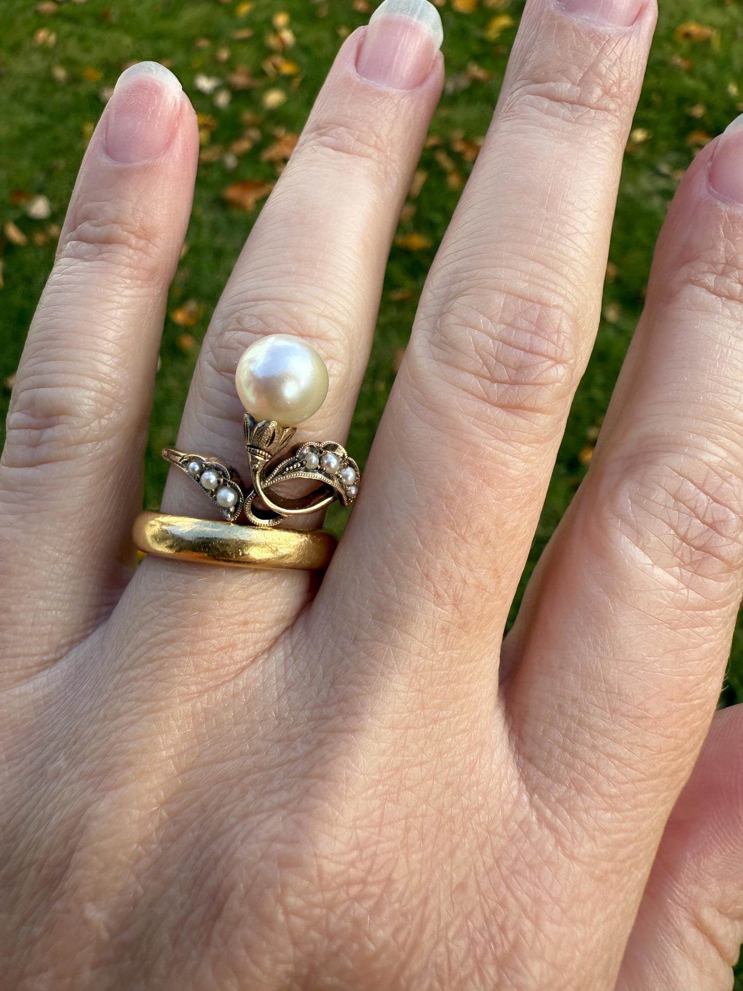Pearl Floral TIARA RING Antique Art Nouveau Victorian Swirl Seed Pearl Ring 14k Gold Rosy Solid Cocktail Stacker Ornate Romantic Gift