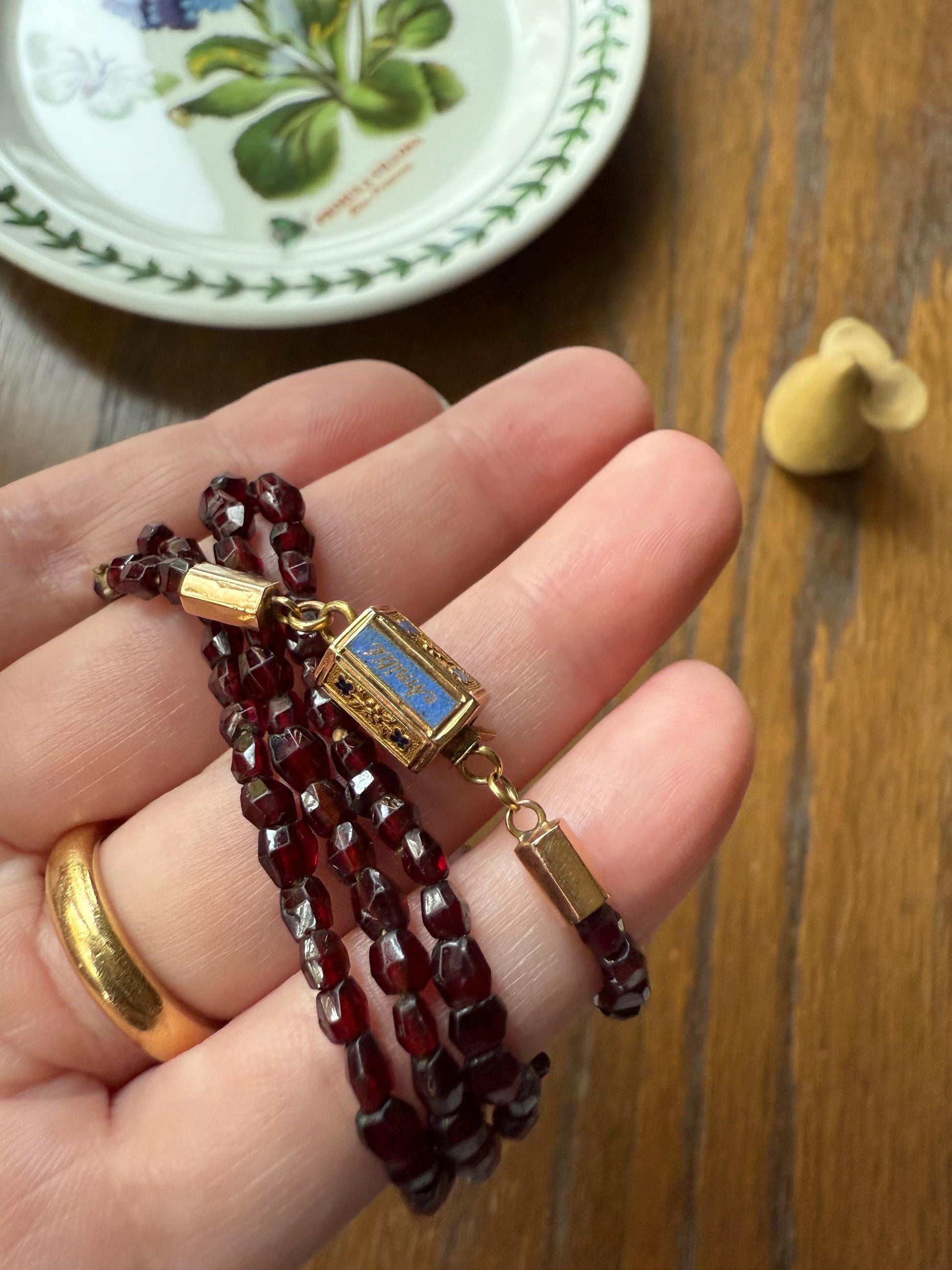 Given in FRIENDSHIP Antique GARNET Bead Long Chain French Amitie Victorian 18k Gold Solid Necklace Layering Crimson Red Glow Multi Strand