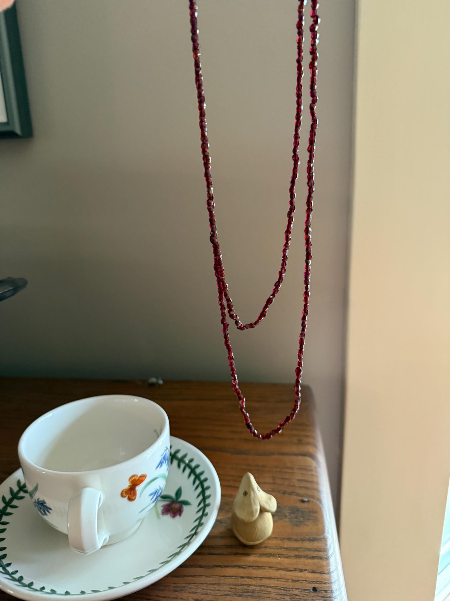 Given in FRIENDSHIP Antique GARNET Bead Long Chain French Amitie Victorian 18k Gold Solid Necklace Layering Crimson Red Glow Multi Strand
