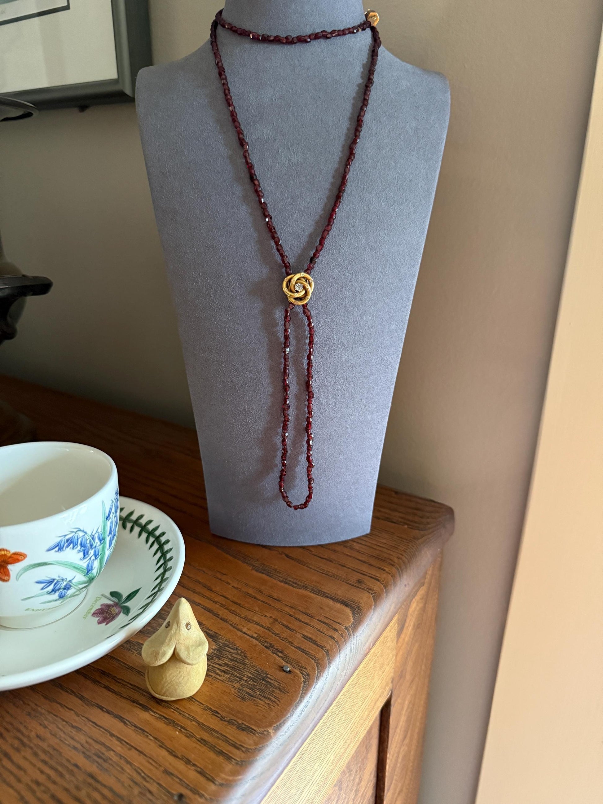 Given in FRIENDSHIP Antique GARNET Bead Long Chain French Amitie Victorian 18k Gold Solid Necklace Layering Crimson Red Glow Multi Strand