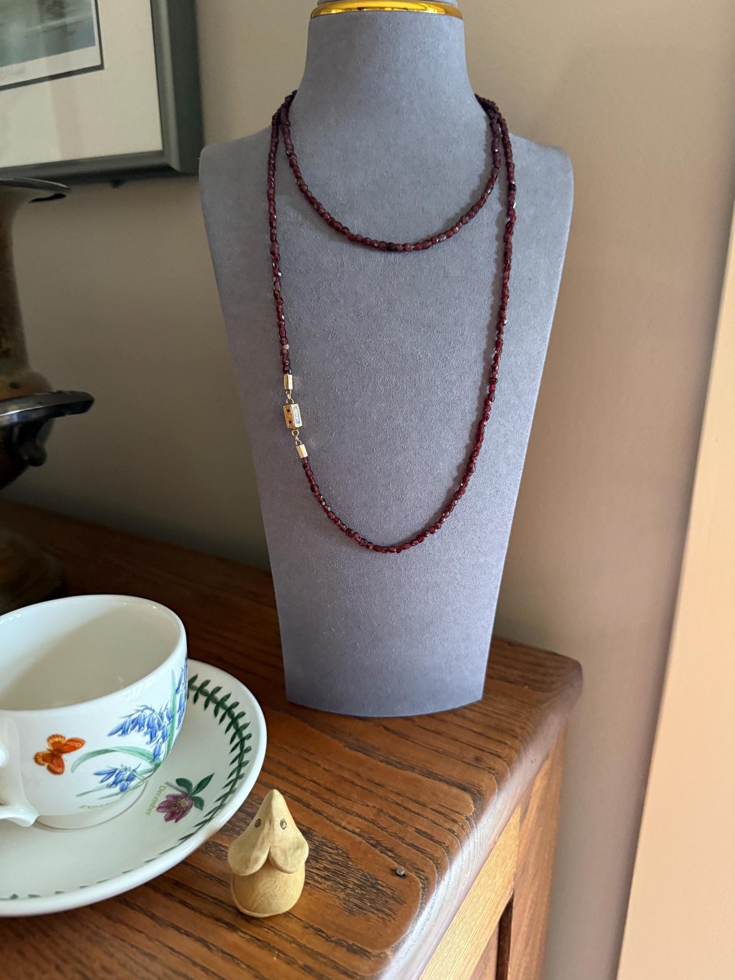 Given in FRIENDSHIP Antique GARNET Bead Long Chain French Amitie Victorian 18k Gold Solid Necklace Layering Crimson Red Glow Multi Strand