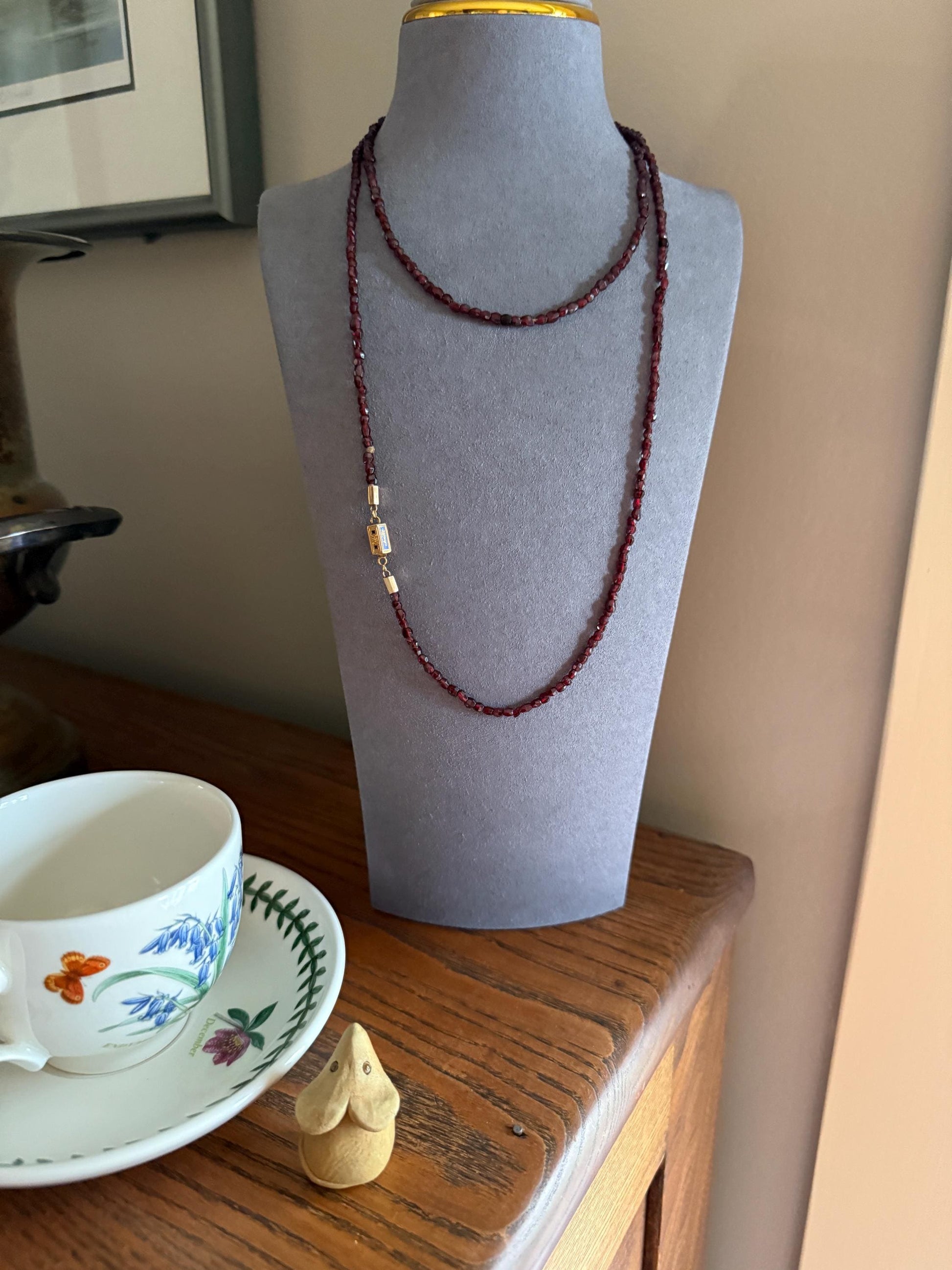 Given in FRIENDSHIP Antique GARNET Bead Long Chain French Amitie Victorian 18k Gold Solid Necklace Layering Crimson Red Glow Multi Strand