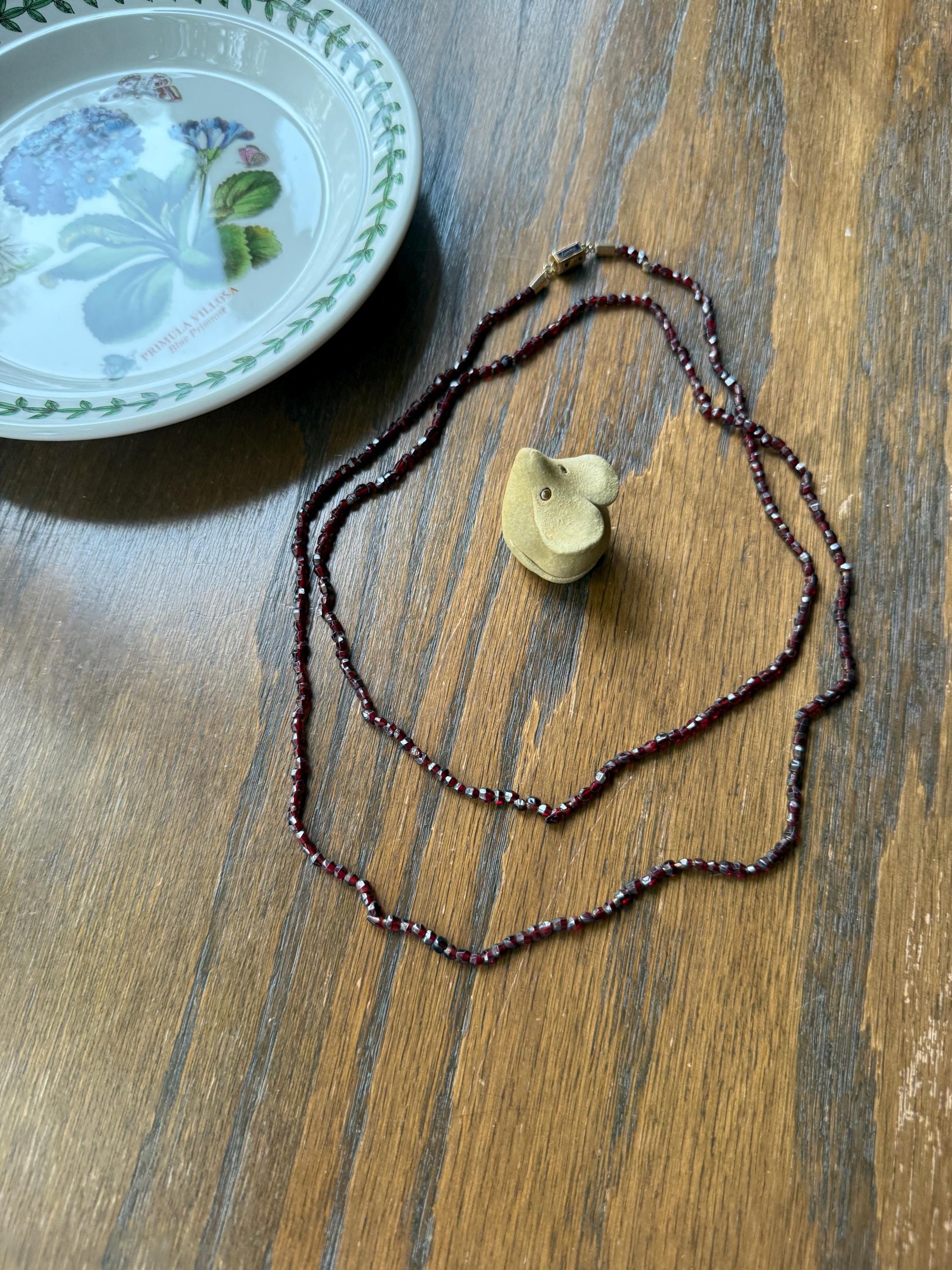 Given in FRIENDSHIP Antique GARNET Bead Long Chain French Amitie Victorian 18k Gold Solid Necklace Layering Crimson Red Glow Multi Strand