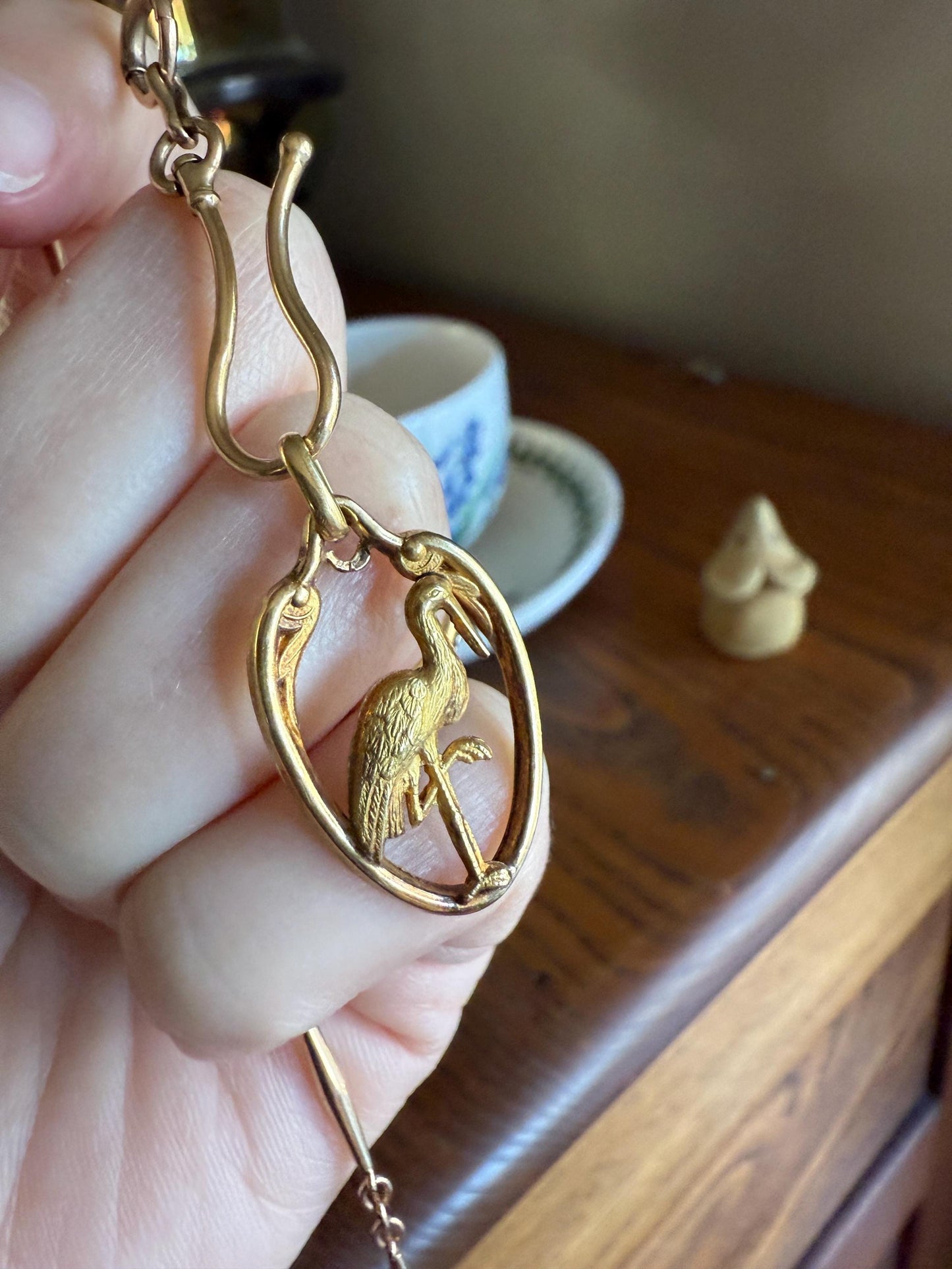 Stork of Alsace Souvenir French Antique 18k Gold Solid Charm Pendant Victorian Belle Epoque Art Nouveau Country