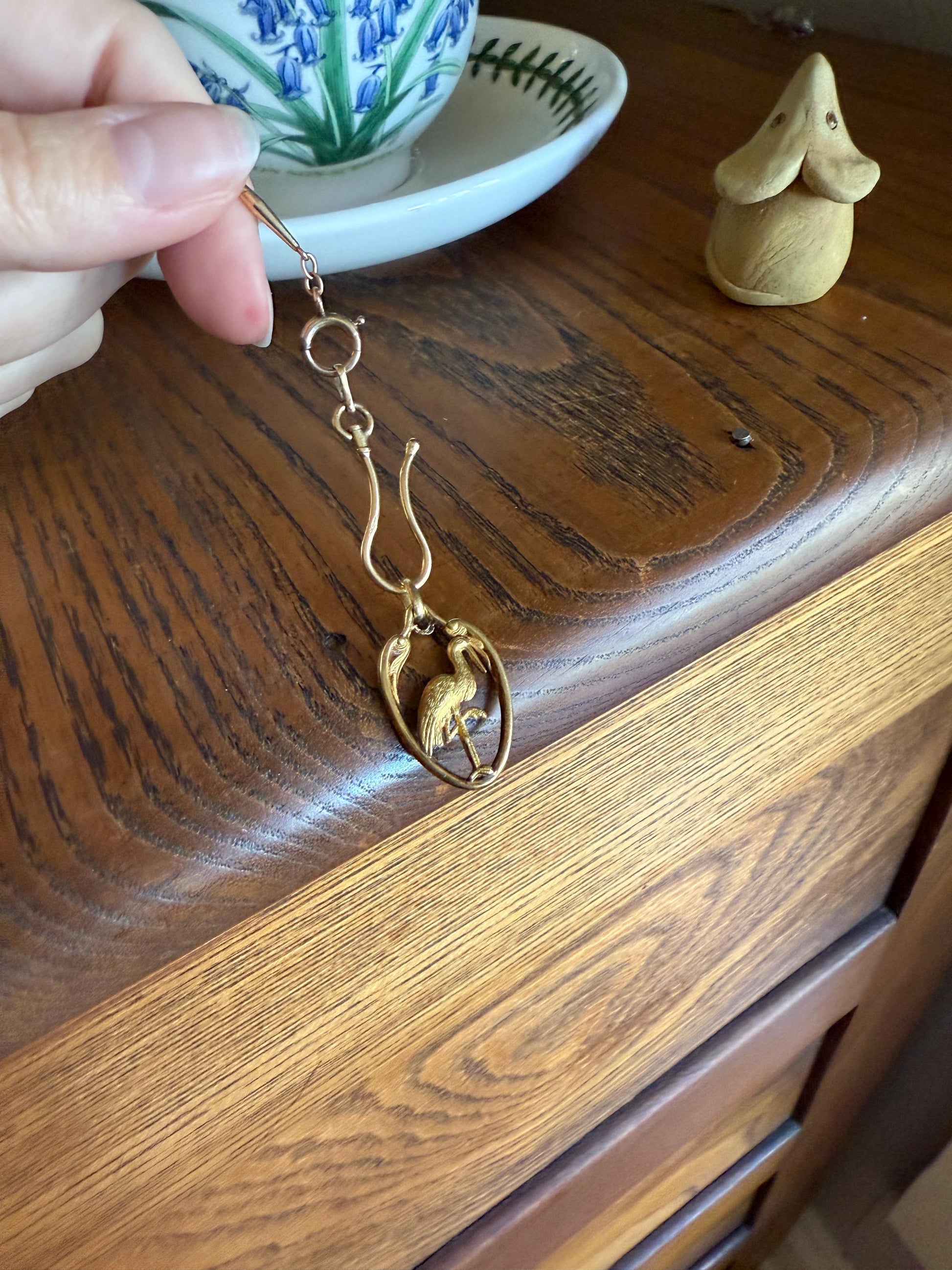 Stork of Alsace Souvenir French Antique 18k Gold Solid Charm Pendant Victorian Belle Epoque Art Nouveau Country