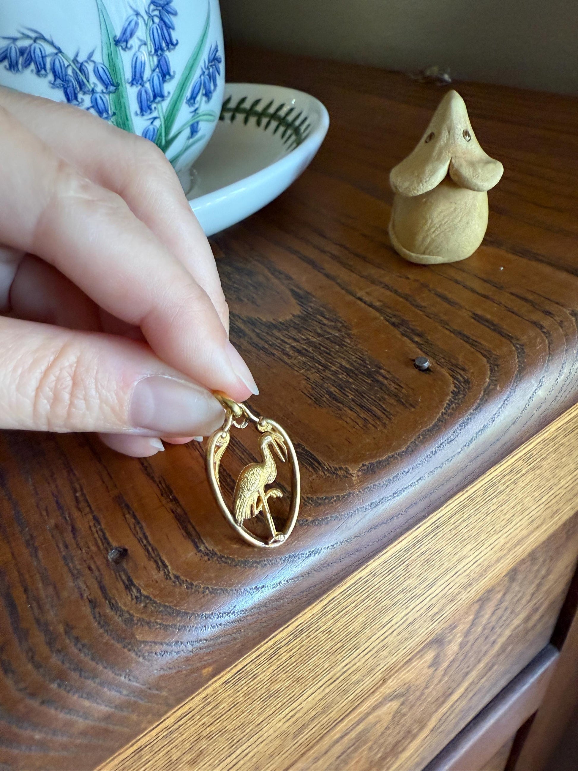 Stork of Alsace Souvenir French Antique 18k Gold Solid Charm Pendant Victorian Belle Epoque Art Nouveau Country