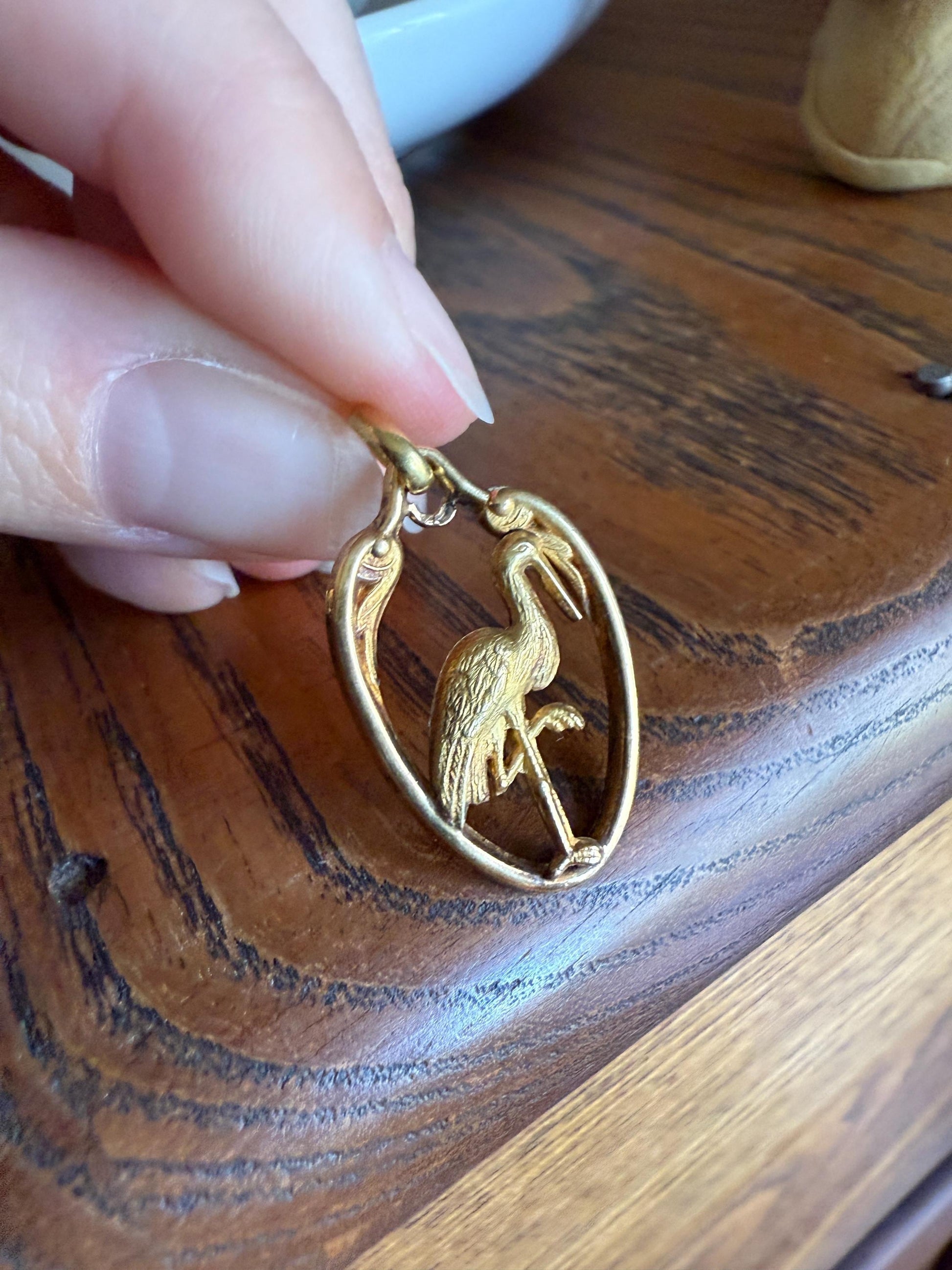 Stork of Alsace Souvenir French Antique 18k Gold Solid Charm Pendant Victorian Belle Epoque Art Nouveau Country