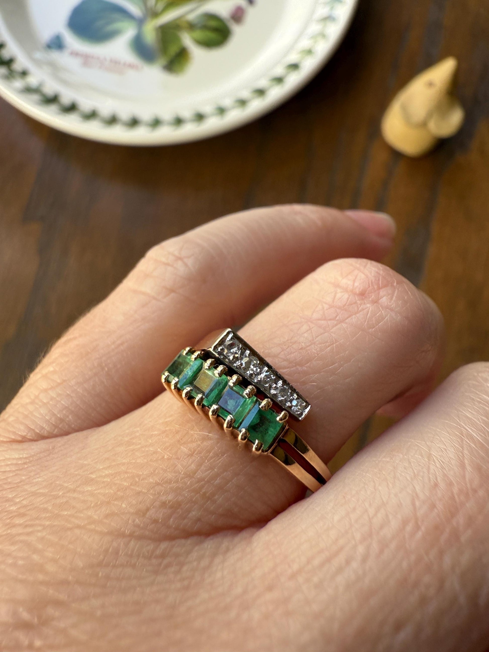 EMERALD & Single Cut DIAMOND Asymmetrical Ring Art Deco Vintage to Antique Natural Green 14k Gold Solid Stacker Band Double Row Angled