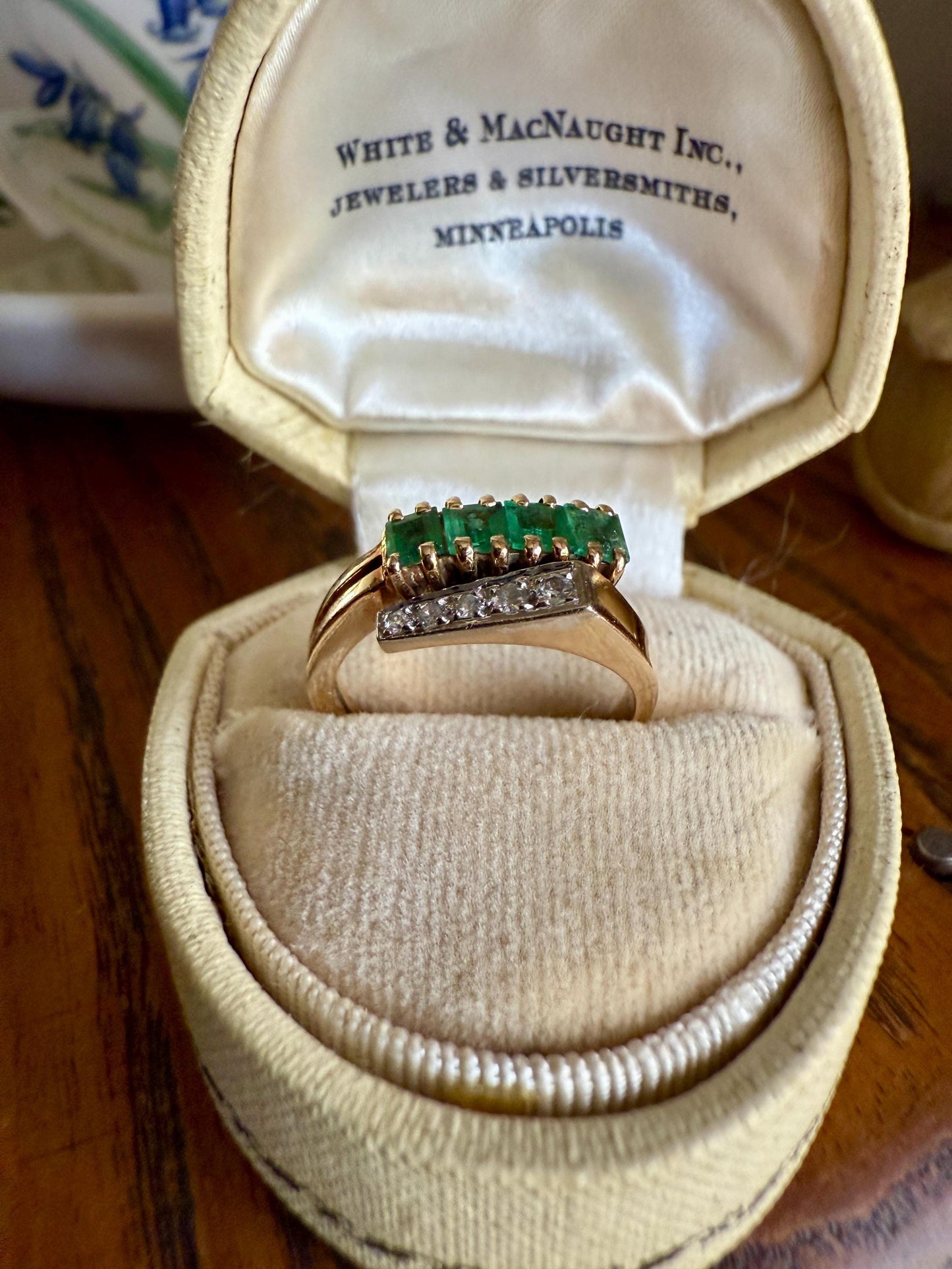 EMERALD & Single Cut DIAMOND Asymmetrical Ring Art Deco Vintage to Antique Natural Green 14k Gold Solid Stacker Band Double Row Angled