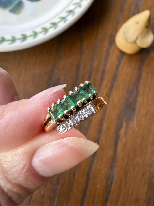 EMERALD & Single Cut DIAMOND Asymmetrical Ring Art Deco Vintage to Antique Natural Green 14k Gold Solid Stacker Band Double Row Angled