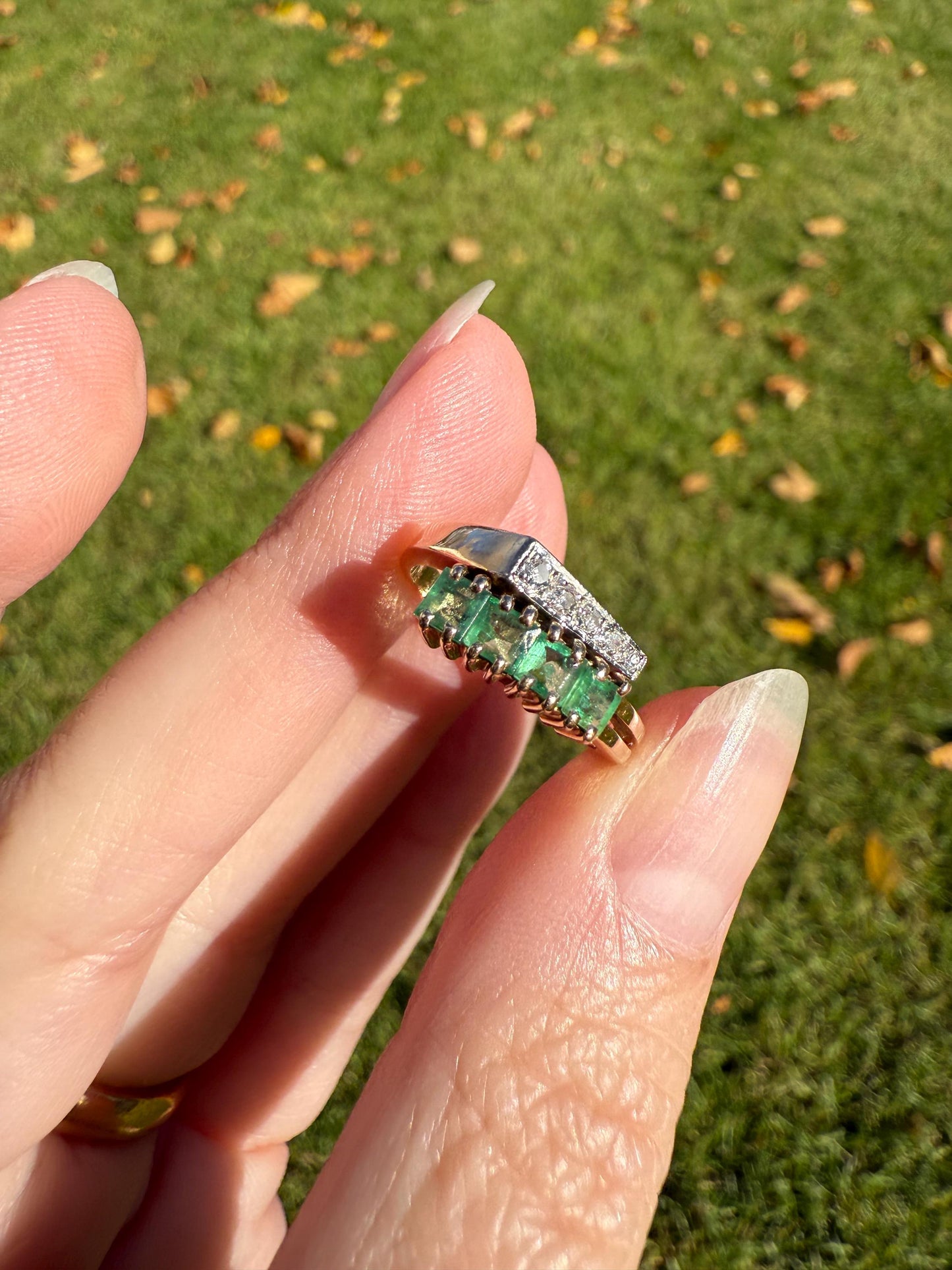 EMERALD & Single Cut DIAMOND Asymmetrical Ring Art Deco Vintage to Antique Natural Green 14k Gold Solid Stacker Band Double Row Angled